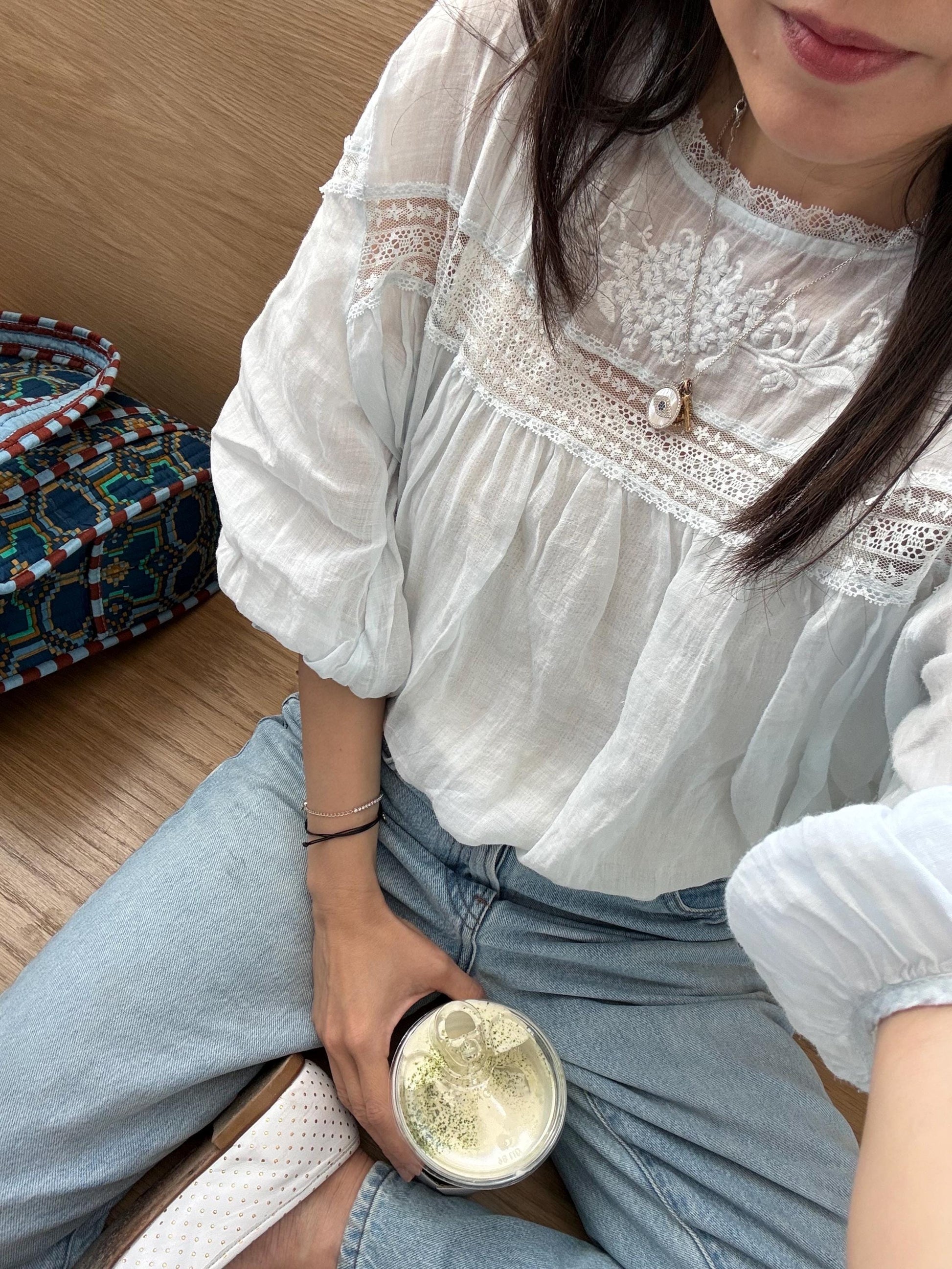 Cotton soft blue embroidered top. Vintage French Inspired Top. Cottage core whimsical blouse. Boho Victorian Natural Fiber top.