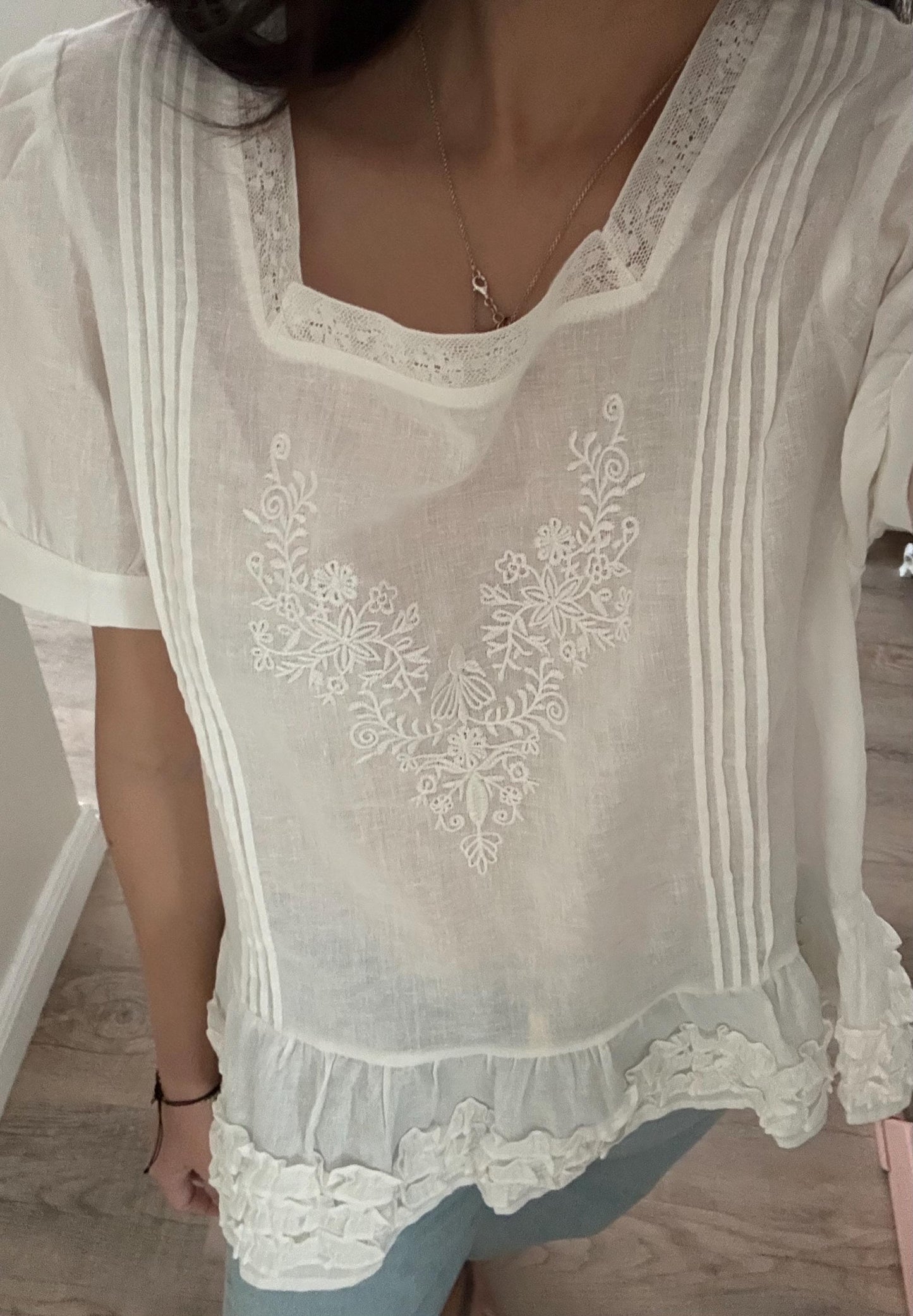 Casual embroidery white pintuck lace romantic top . Whimsical cottagecore top. Cotton Victorian romantic top. Natural fiber top.