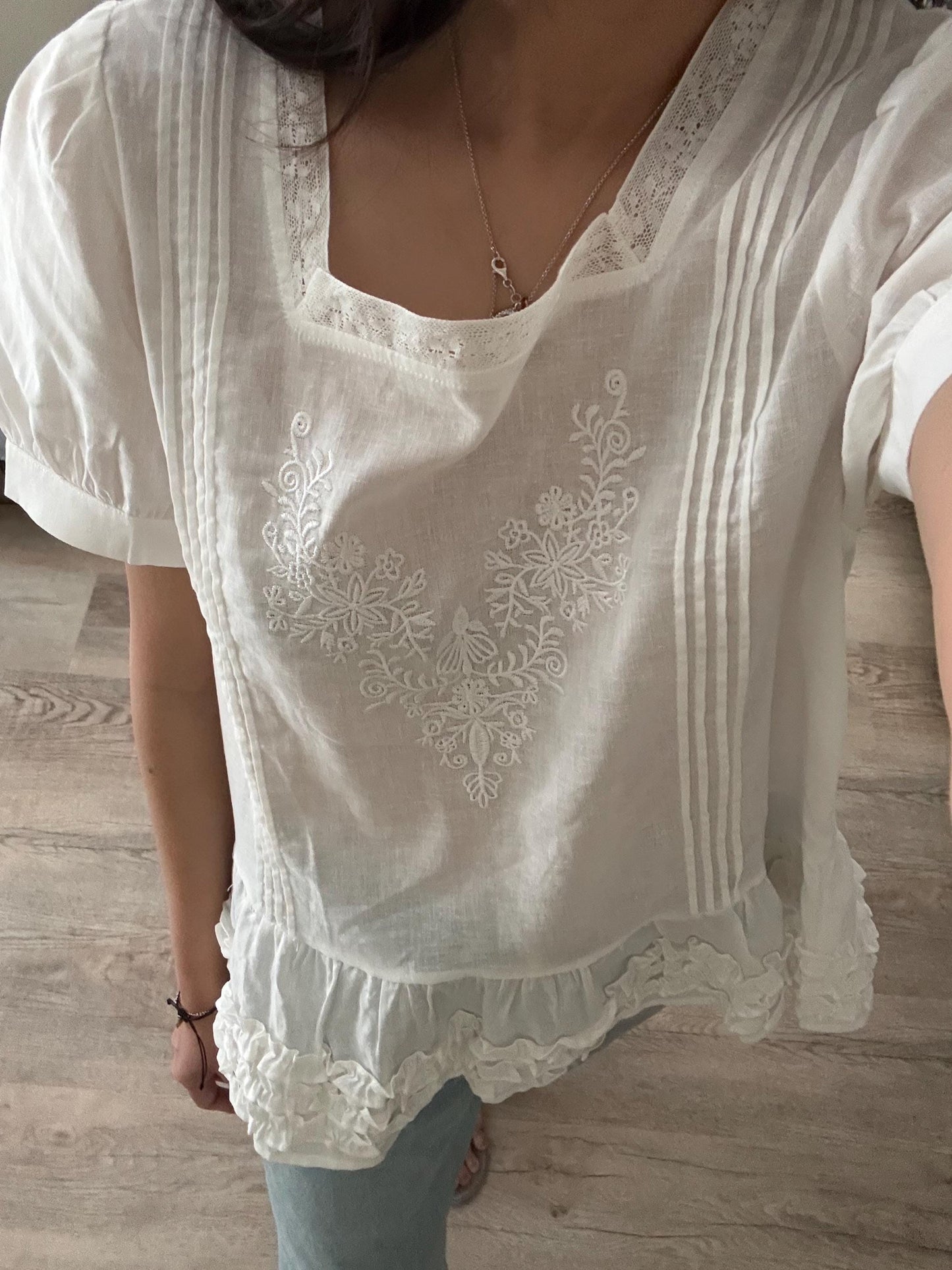 Casual embroidery white pintuck lace romantic top . Whimsical cottagecore top. Cotton Victorian romantic top. Natural fiber top.