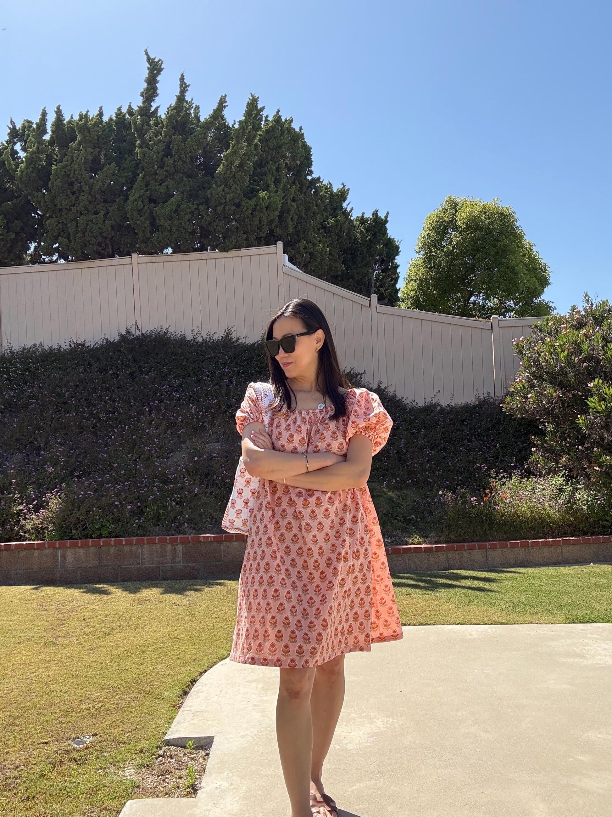 Floral Cotton Mini Dress. Resort Nap Dress with Pockets. . Handblocked floral print Dress. Cottage core Whimsical dress.