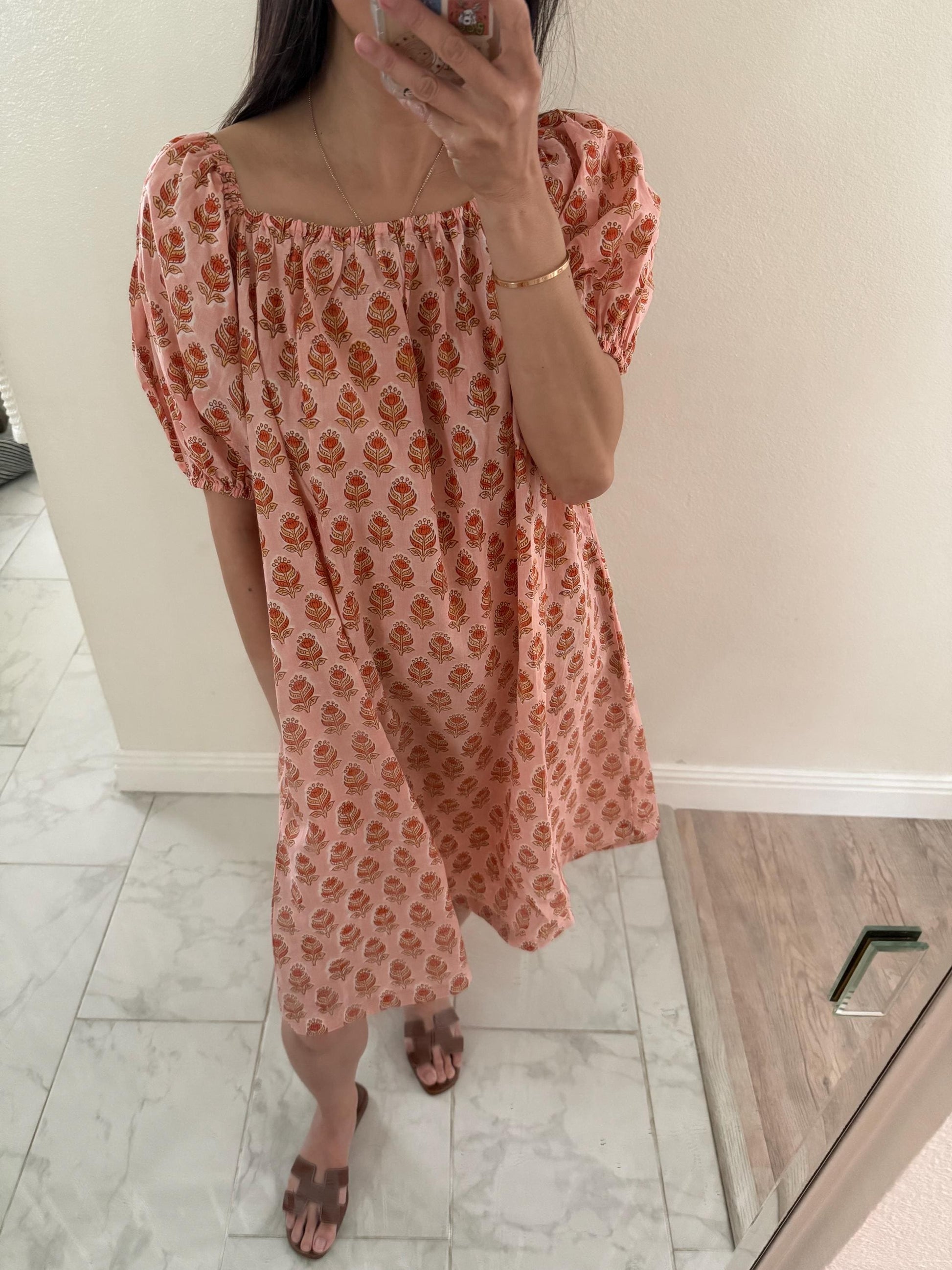 Floral Cotton Mini Dress. Resort Nap Dress with Pockets. . Handblocked floral print Dress. Cottage core Whimsical dress.