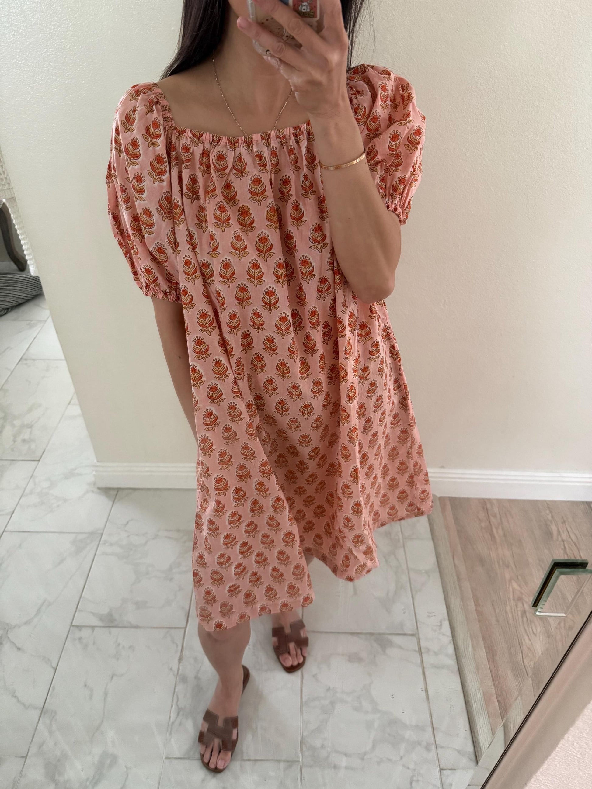 Floral Cotton Mini Dress. Resort Nap Dress with Pockets. . Handblocked floral print Dress. Cottage core Whimsical dress.