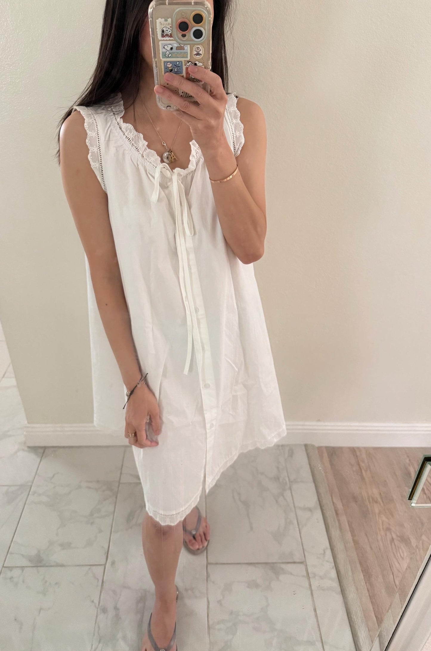 Whimsical vintage inspired Cotton Minu Dress. White Floral Classic Cottage core Nap Dress. White Button down dress. Sleeveless mini dress