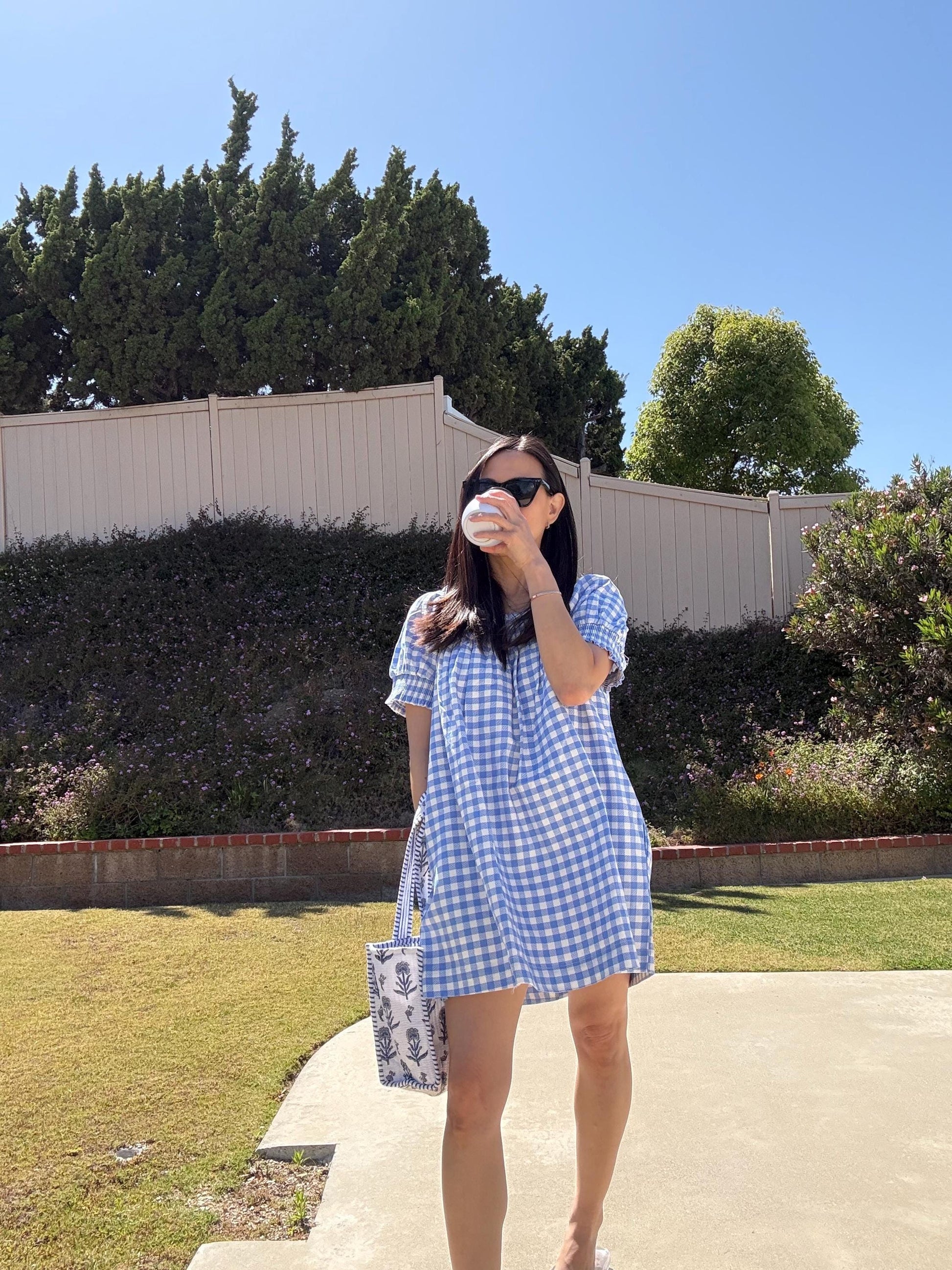 Gingham Cotton Dress. Blue Gingham Mini Dress with Pockets. Cottage core Whimsical Babydoll Dress. Nap Dress