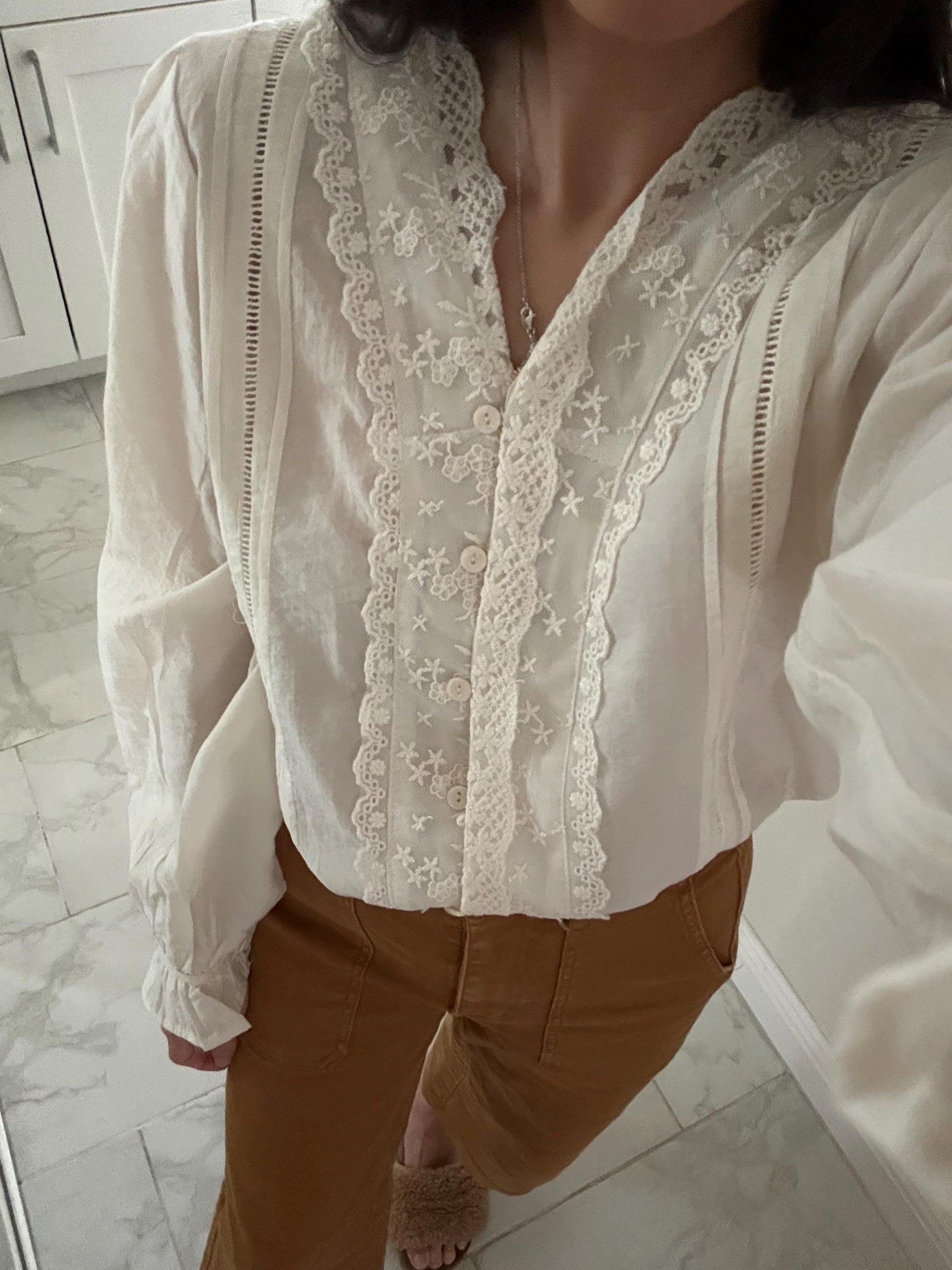 Casual pintuck white lace romantic top . Whimsical cottagecore top. Cotton Victorian Boho romantic top. Eyelet cotton cozy top