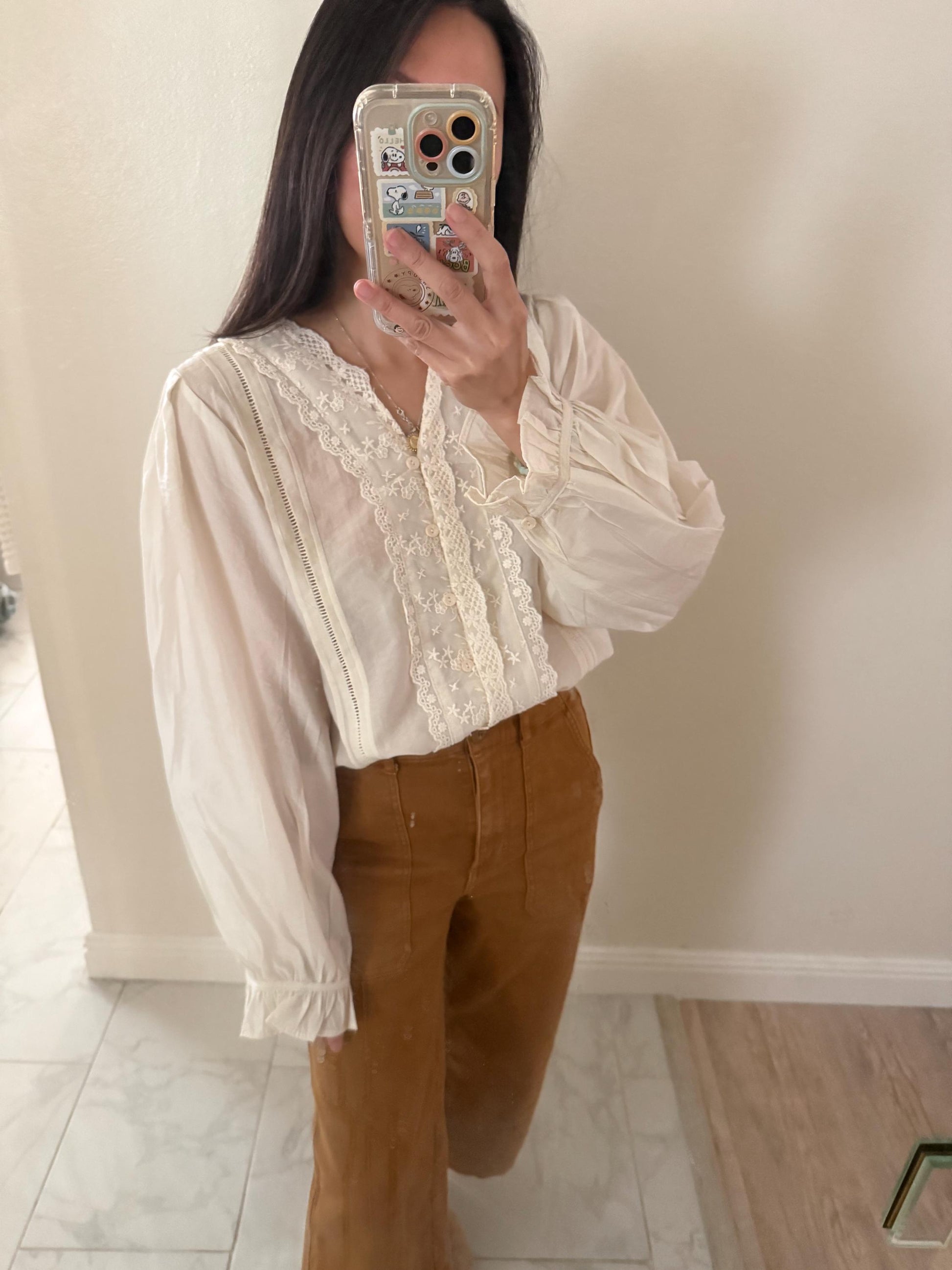 Casual pintuck white lace romantic top . Whimsical cottagecore top. Cotton Victorian Boho romantic top. Eyelet cotton cozy top