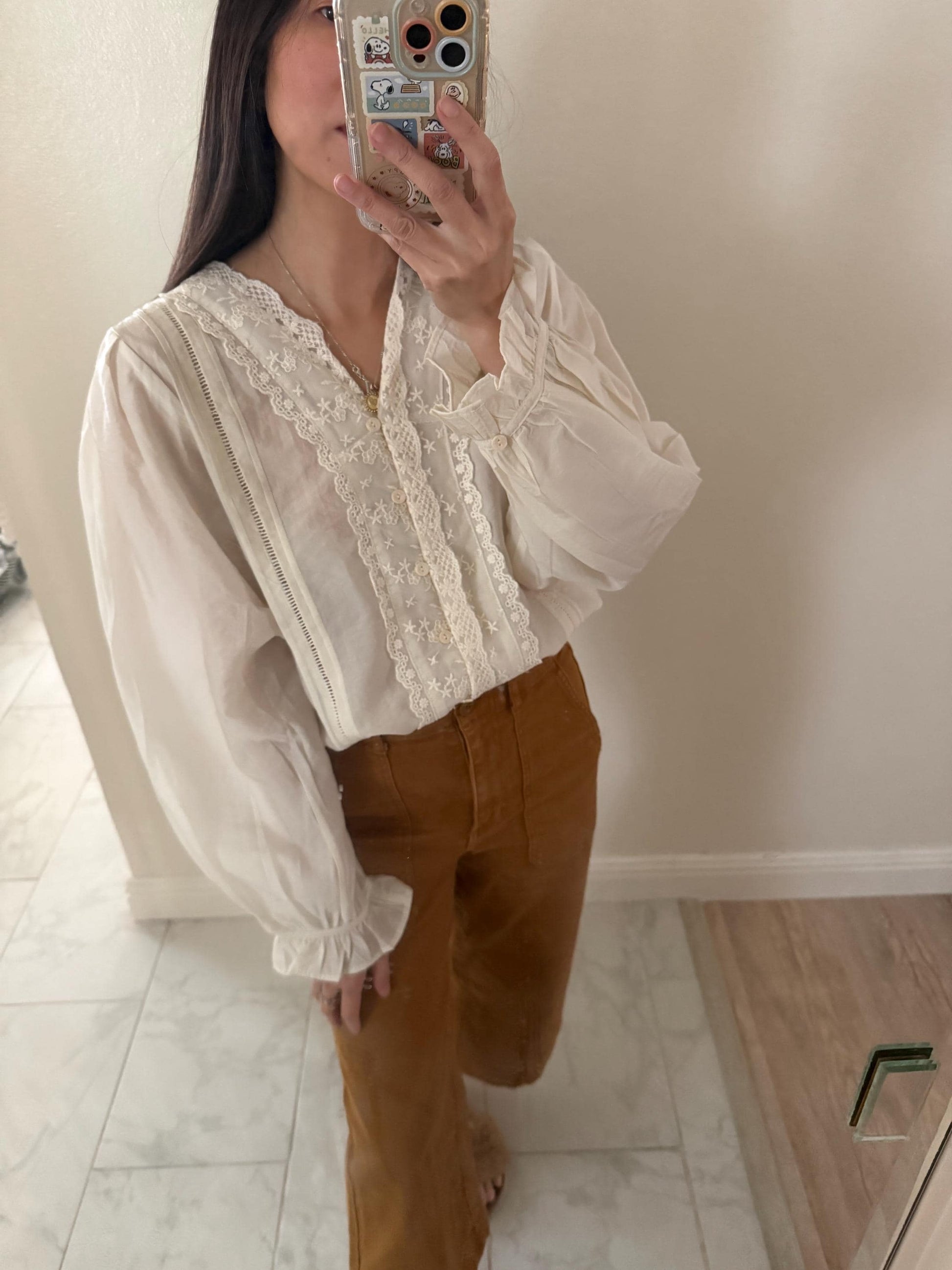 Casual pintuck white lace romantic top . Whimsical cottagecore top. Cotton Victorian Boho romantic top. Eyelet cotton cozy top
