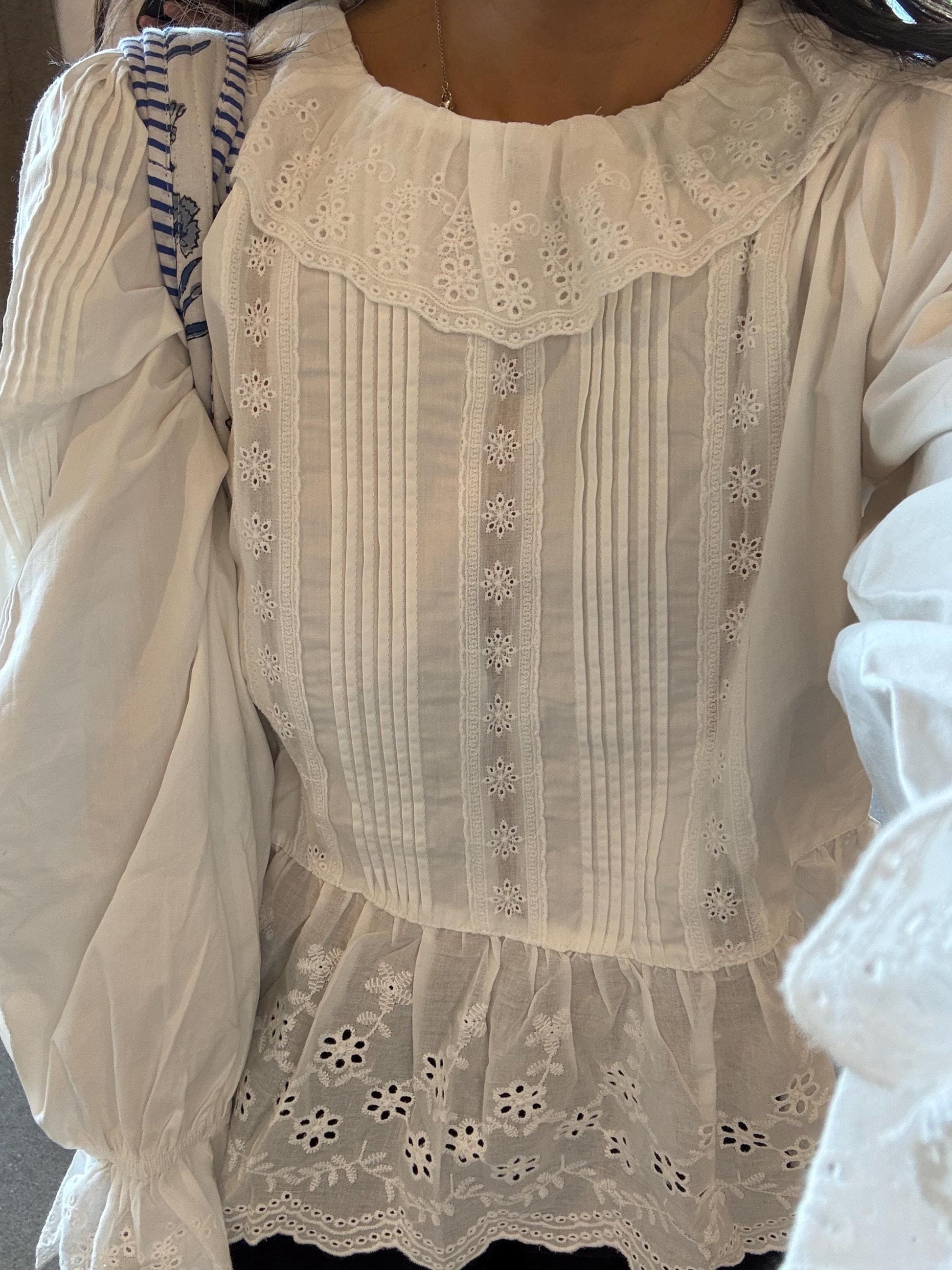 Cotton Eyelet Floral Embroidered Blouse. French Victorian Bohemian Style Top. Vintage Inspired Cotton Top. Pintuck Whimsical Cotton Top.