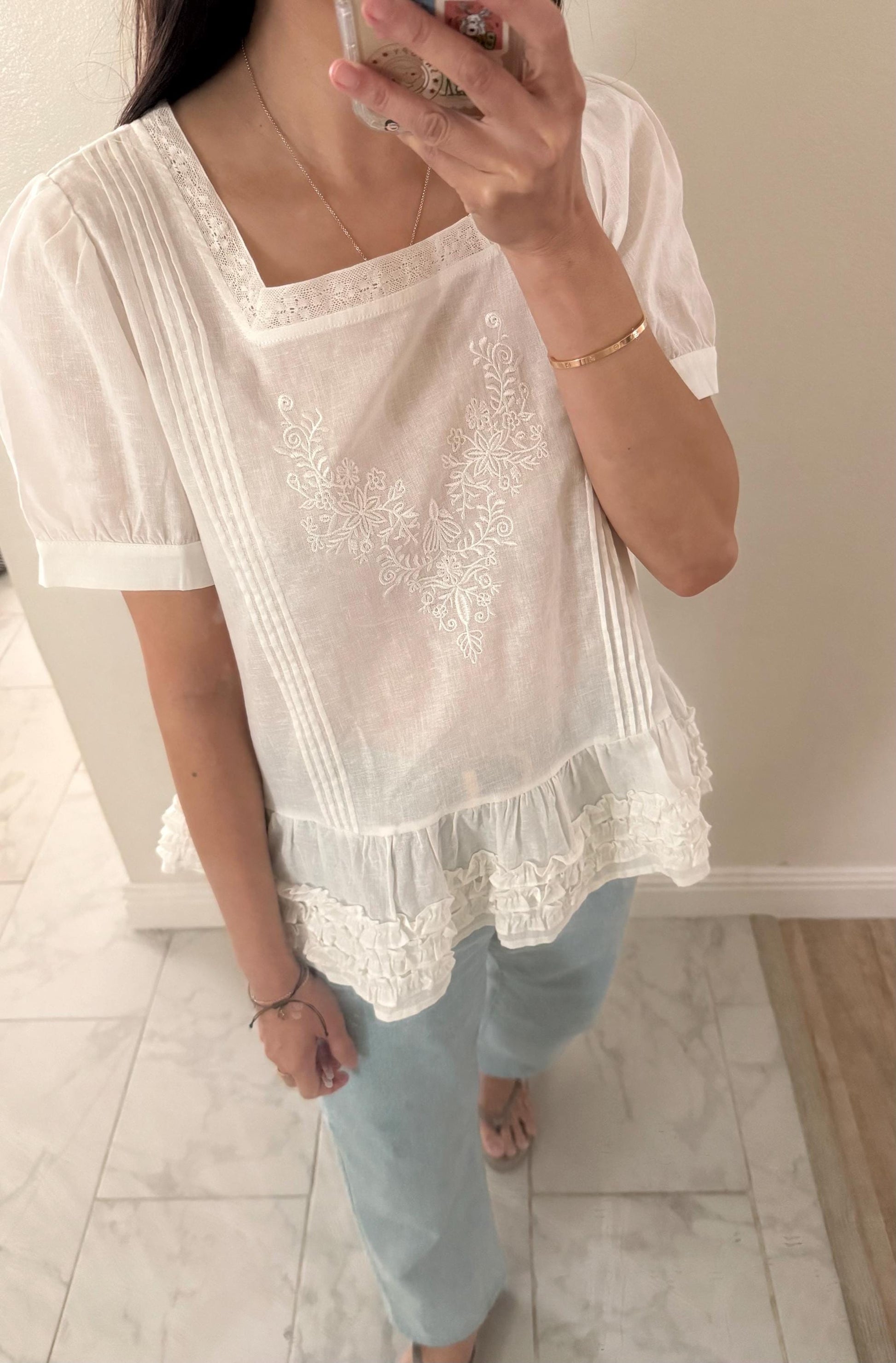 Casual embroidery white pintuck lace romantic top . Whimsical cottagecore top. Cotton Victorian romantic top. Natural fiber top.