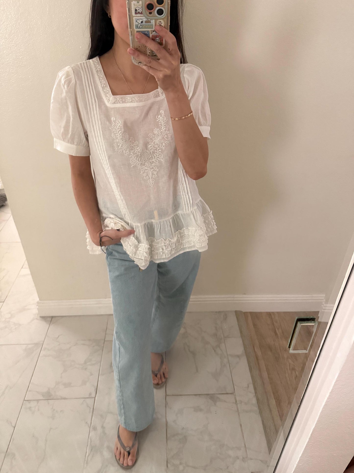 Casual embroidery white pintuck lace romantic top . Whimsical cottagecore top. Cotton Victorian romantic top. Natural fiber top.