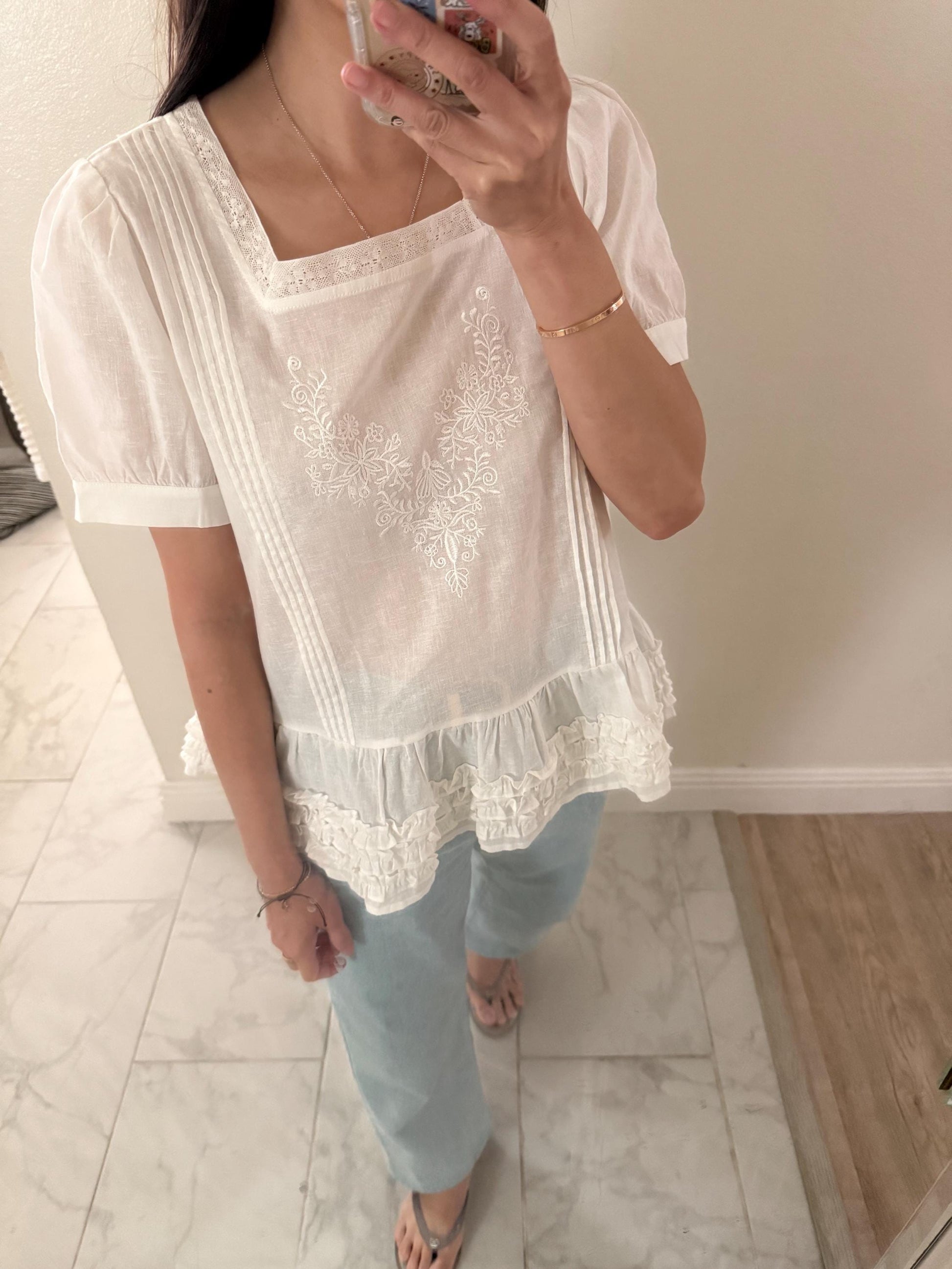 Casual embroidery white pintuck lace romantic top . Whimsical cottagecore top. Cotton Victorian romantic top. Natural fiber top.