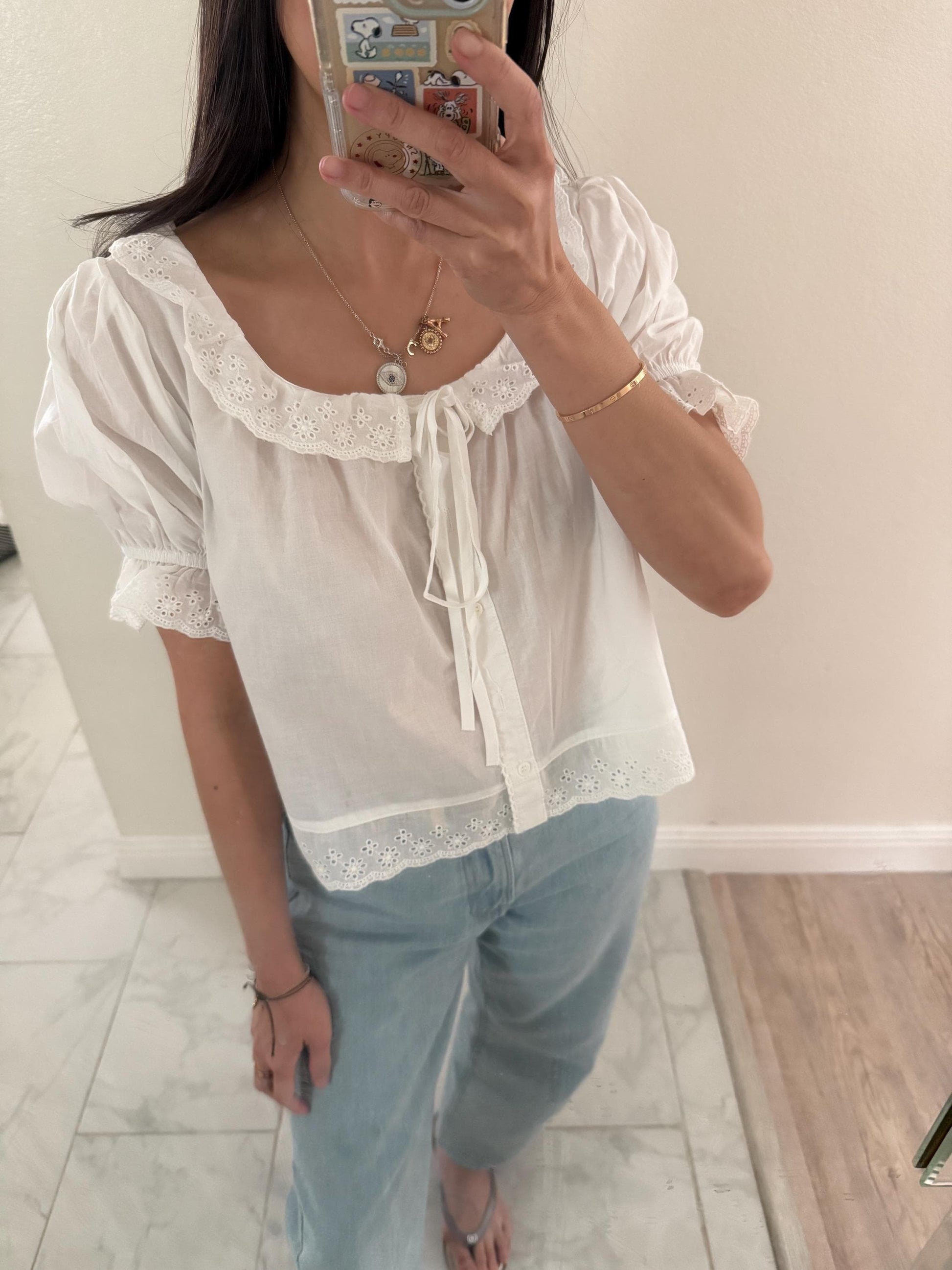 Casual embroidery white pintuck lace romantic top . Whimsical cottagecore top. Cotton Victorian romantic top. Natural fiber top.