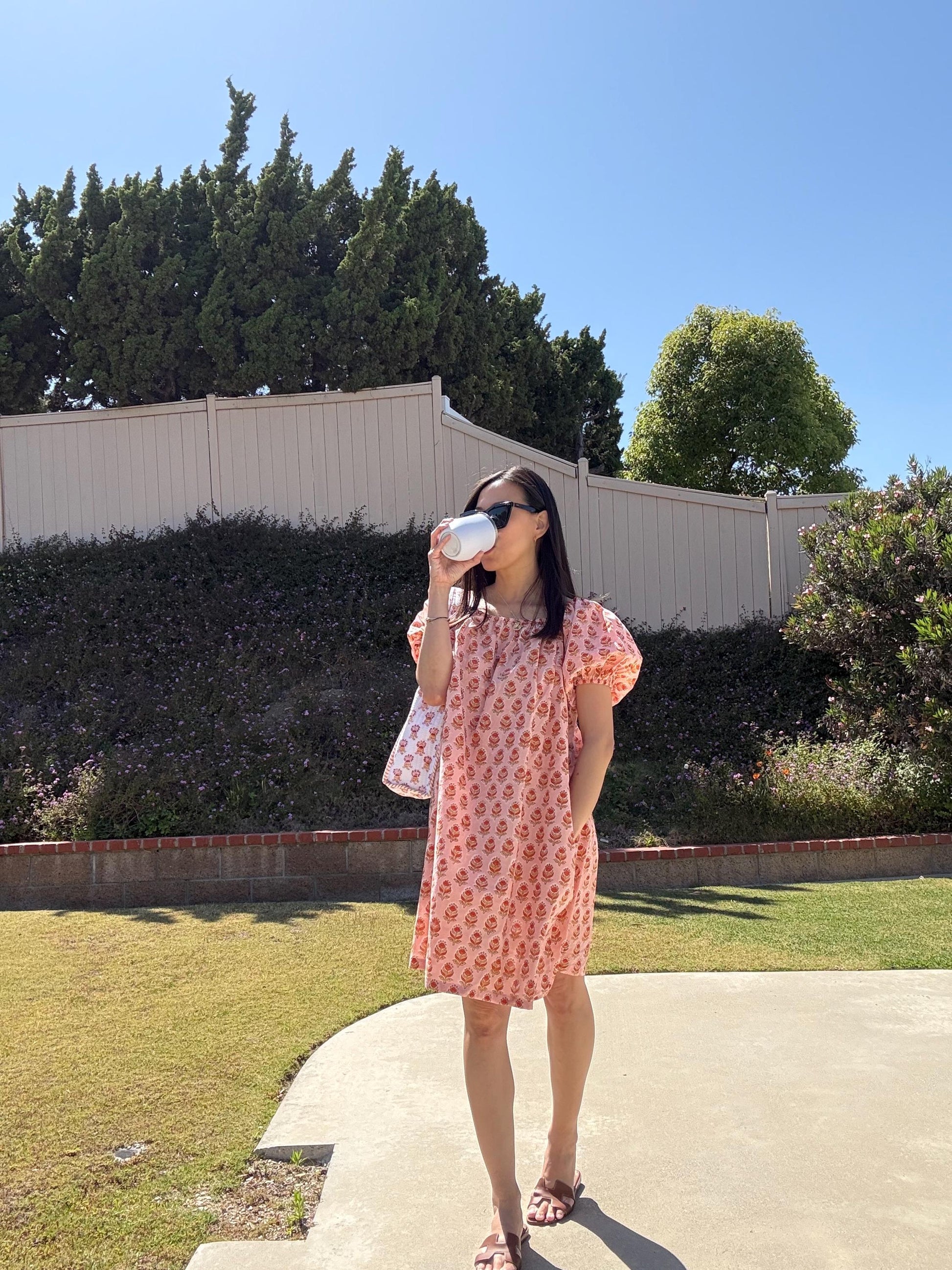 Floral Cotton Mini Dress. Resort Nap Dress with Pockets. . Handblocked floral print Dress. Cottage core Whimsical dress.