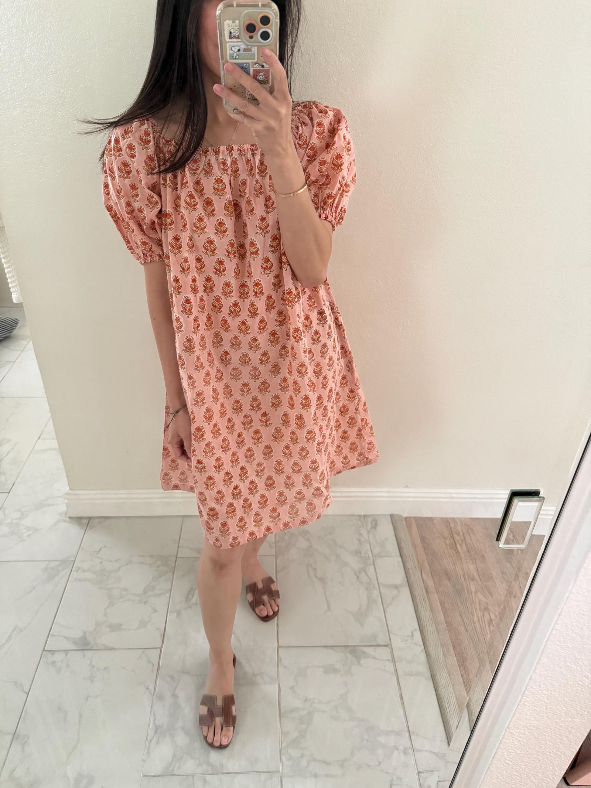 Floral Cotton Mini Dress. Resort Nap Dress with Pockets. . Handblocked floral print Dress. Cottage core Whimsical dress.