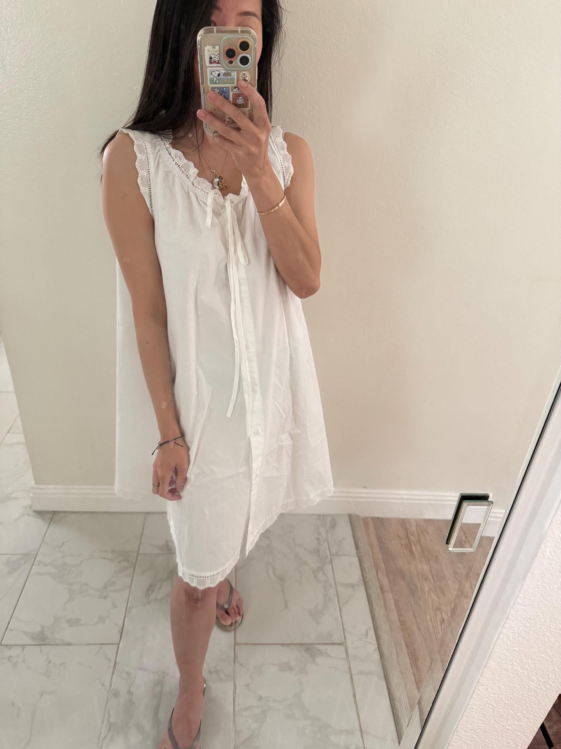 Whimsical vintage inspired Cotton Minu Dress. White Floral Classic Cottage core Nap Dress. White Button down dress. Sleeveless mini dress