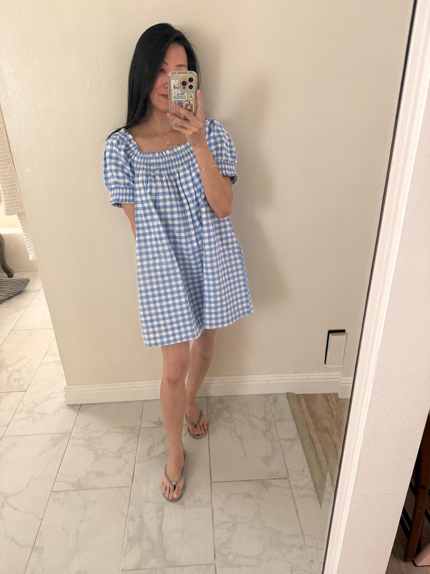 Gingham Cotton Dress. Blue Gingham Mini Dress with Pockets. Cottage core Whimsical Babydoll Dress. Nap Dress