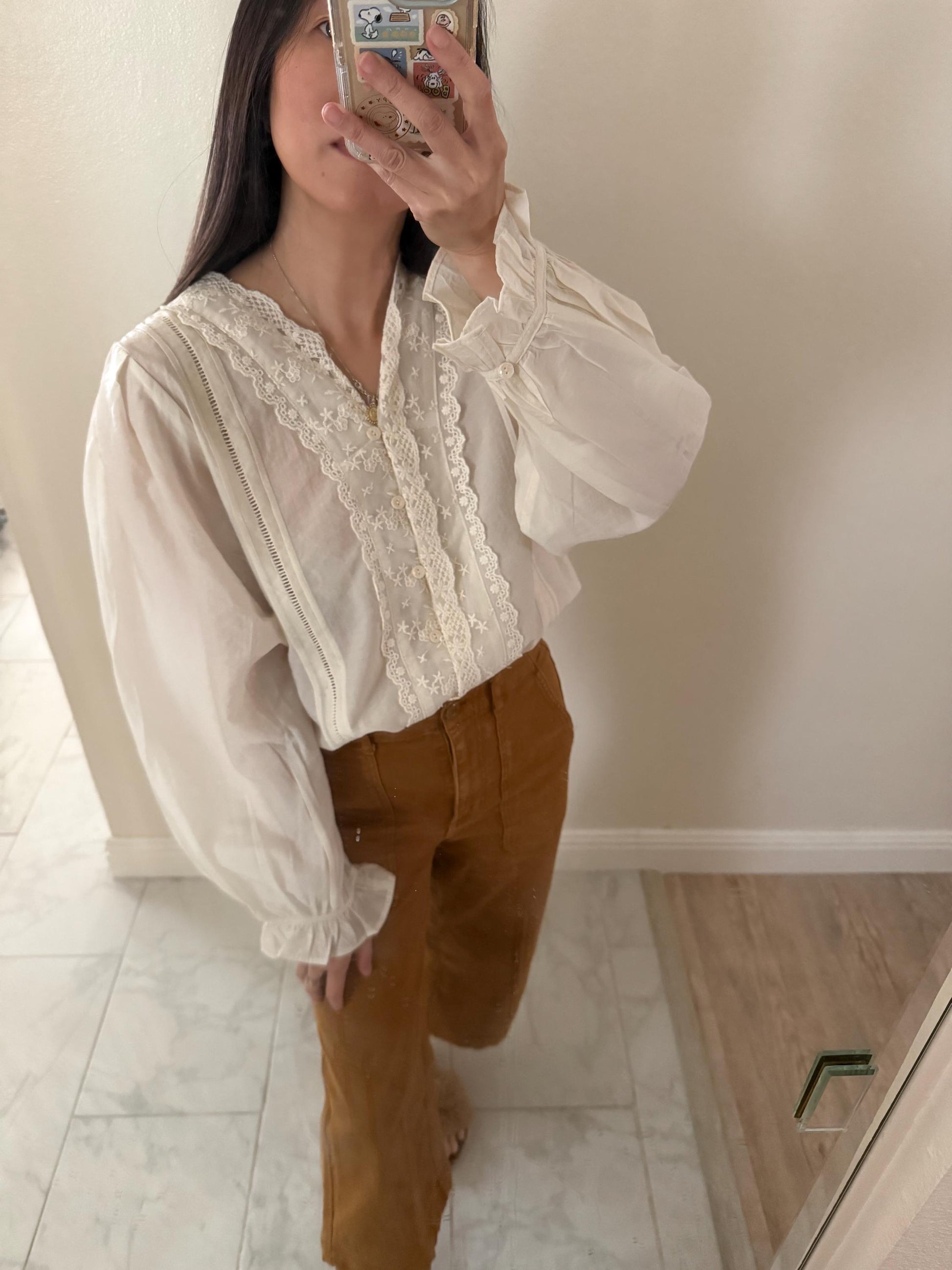 Casual pintuck white lace romantic top . Whimsical cottagecore top. Cotton Victorian Boho romantic top. Eyelet cotton cozy top