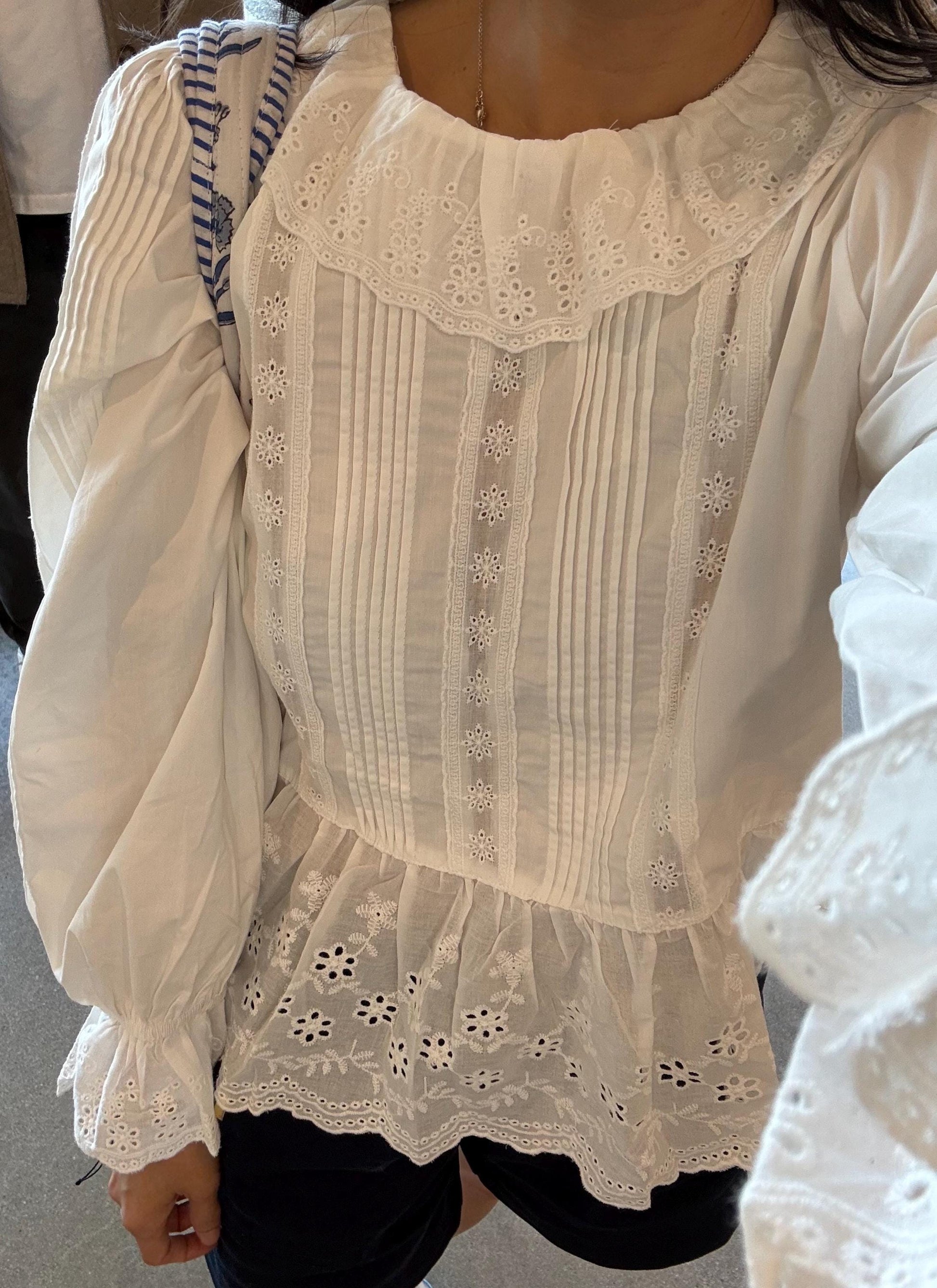 Cotton Eyelet Floral Embroidered Blouse. French Victorian Bohemian Style Top. Vintage Inspired Cotton Top. Pintuck Whimsical Cotton Top.