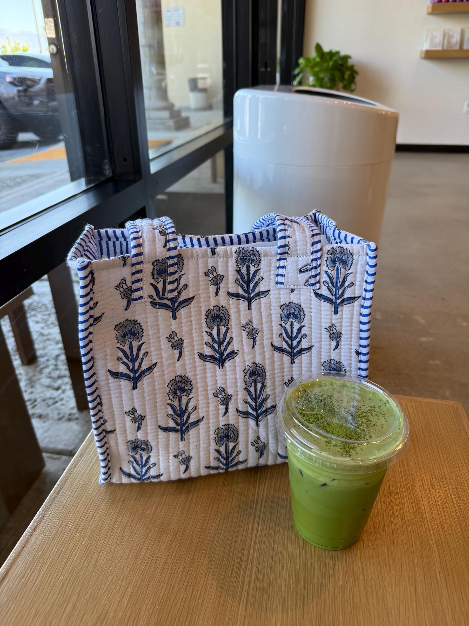 Hand blocked print cotton quilt reversible mini tote bag / stripe mini tote bag/ beach bag / green sage color bag