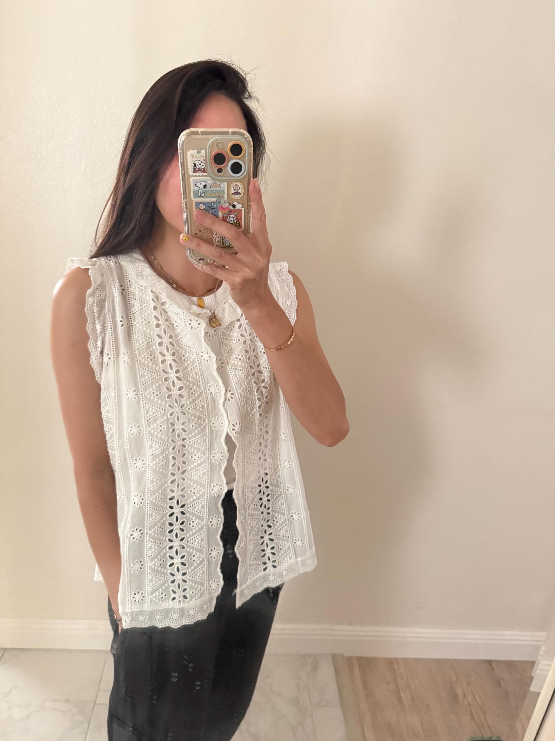 Casual cotton white eyelet romantic vest top . Whimsical cottage core vest top. Bohemian cotton vest . Summer cotton cardigan
