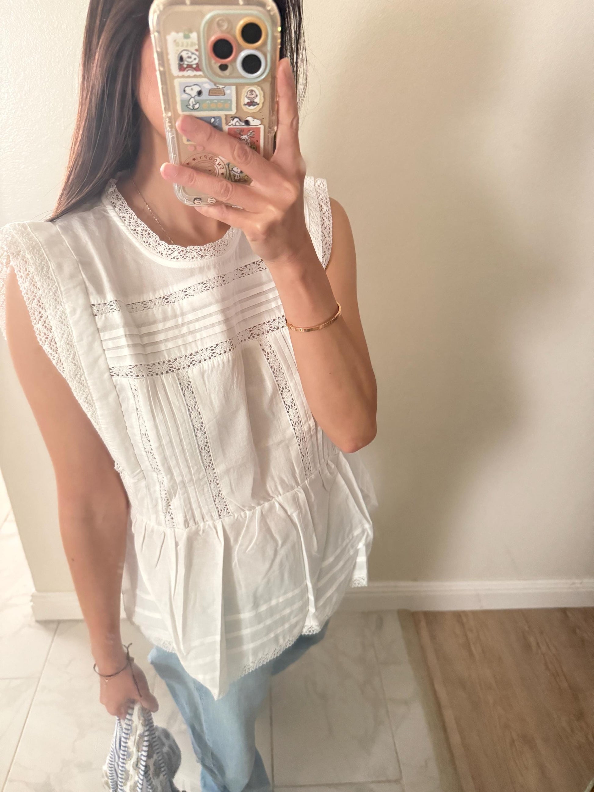 Casual cotton pintuck eyelet romantic top . Whimsical cottage core top. Bohemian cotton vest . Summer cotton lace top