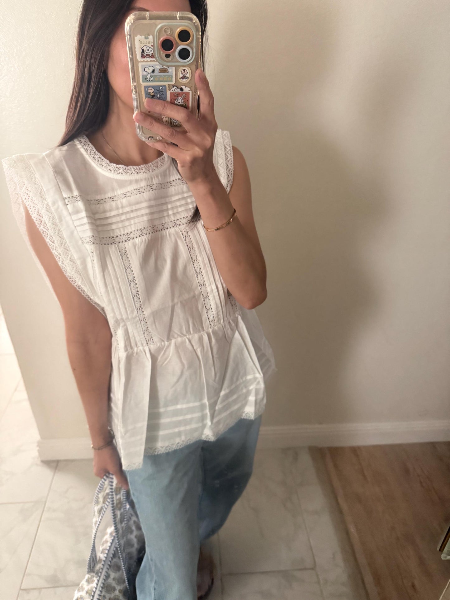 Casual cotton pintuck eyelet romantic top . Whimsical cottage core top. Bohemian cotton vest . Summer cotton lace top