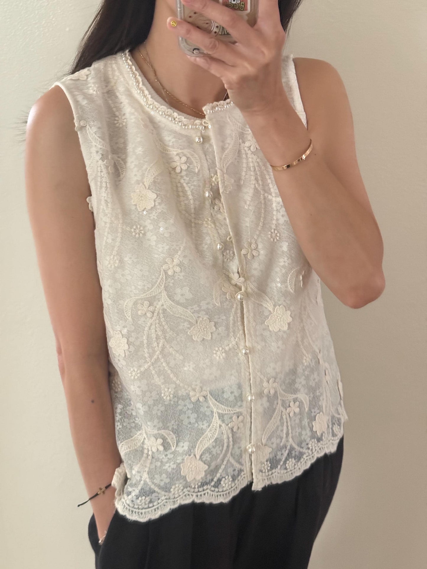 Casual cotton beige lace eyelet romantic vest top . Whimsical cottage core vest top. Bohemian cotton vest . Summer cotton vest cardigan