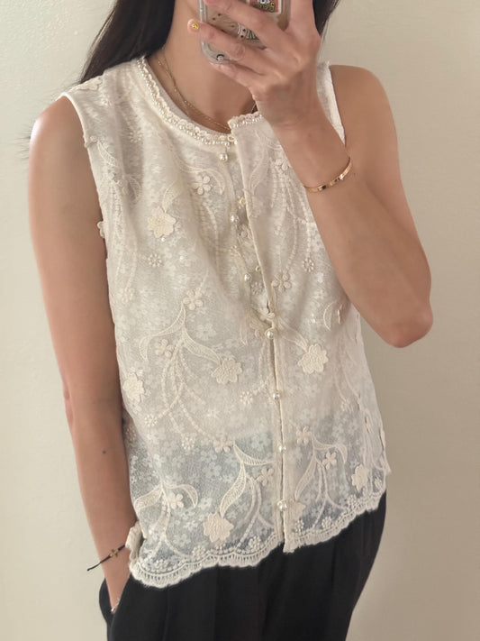 Casual cotton beige lace eyelet romantic vest top . Whimsical cottage core vest top. Bohemian cotton vest . Summer cotton vest cardigan