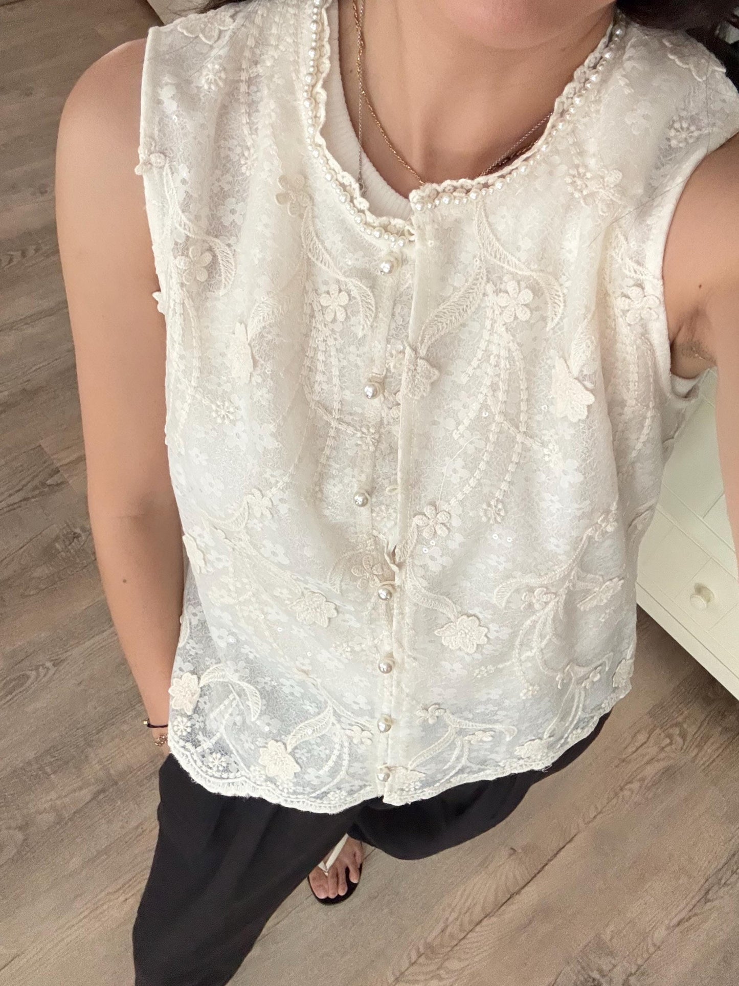 Casual cotton beige lace eyelet romantic vest top . Whimsical cottage core vest top. Bohemian cotton vest . Summer cotton vest cardigan