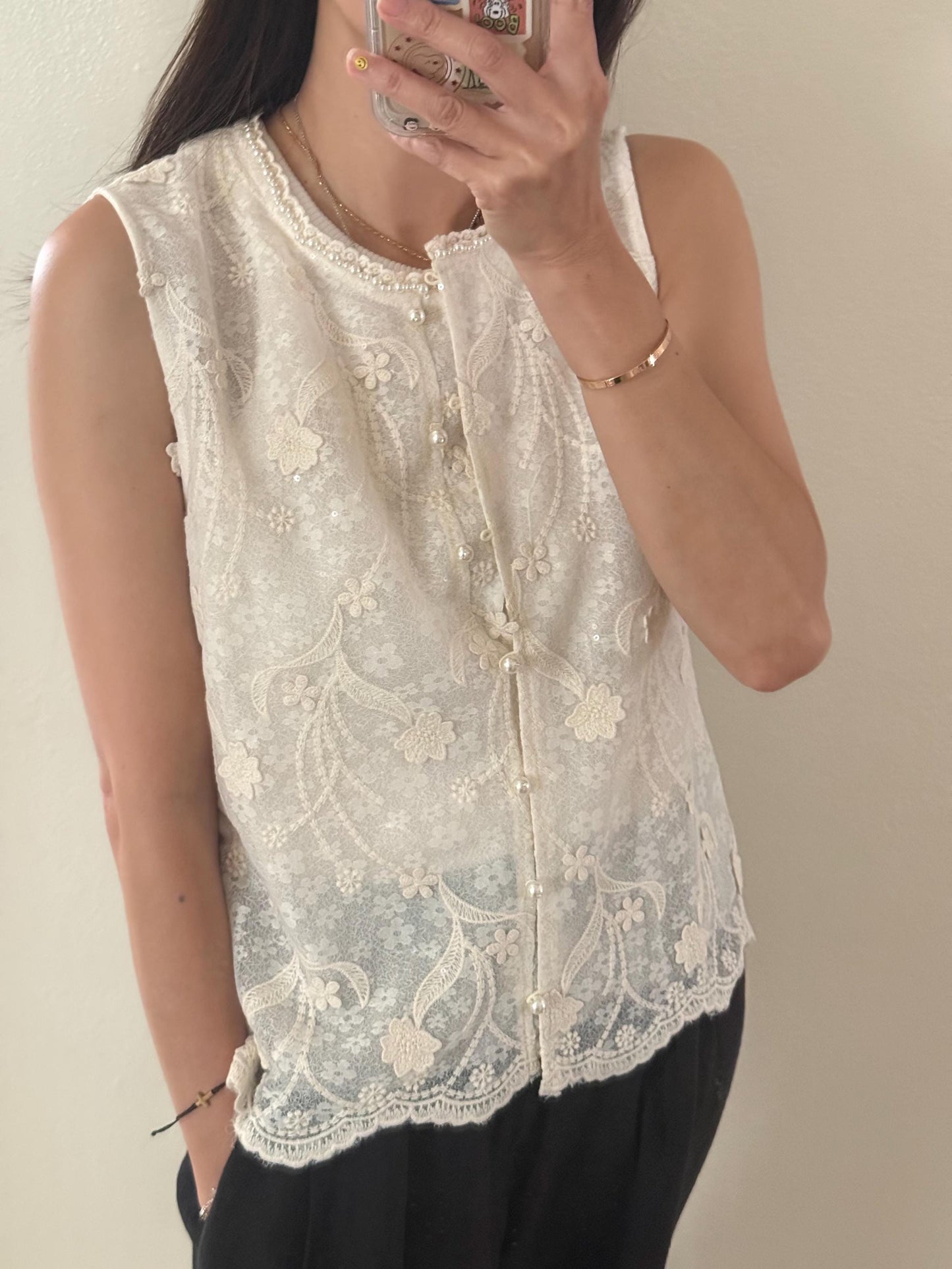Casual cotton beige lace eyelet romantic vest top . Whimsical cottage core vest top. Bohemian cotton vest . Summer cotton vest cardigan
