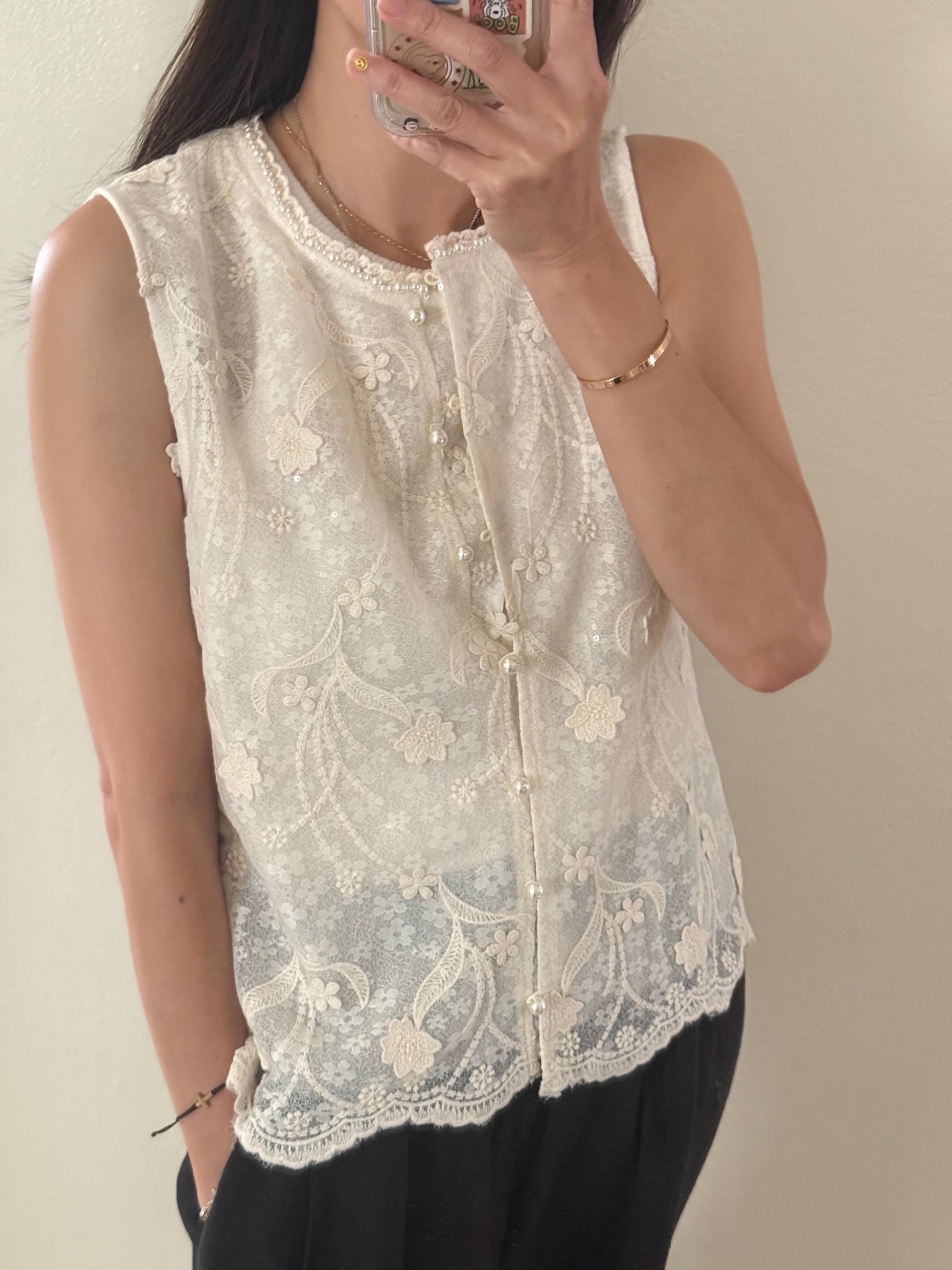 Casual cotton beige lace eyelet romantic vest top . Whimsical cottage core vest top. Bohemian cotton vest . Summer cotton vest cardigan