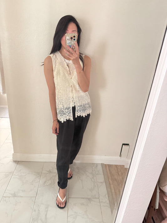Casual cotton beige lace eyelet romantic vest top . Whimsical cottage core vest top. Bohemian cotton vest . Summer cotton vest cardigan