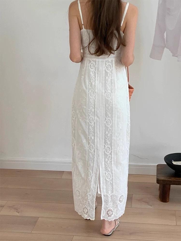Floral cotton embroidered spaghetti strap maxi dress. French Style Victorian Tank Dress. Whimsical Cottage core Vintage Inspired Dress.