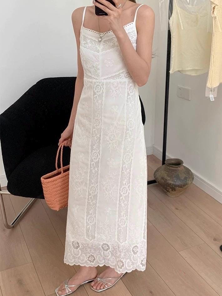 Floral cotton embroidered spaghetti strap maxi dress. French Style Victorian Tank Dress. Whimsical Cottage core Vintage Inspired Dress.