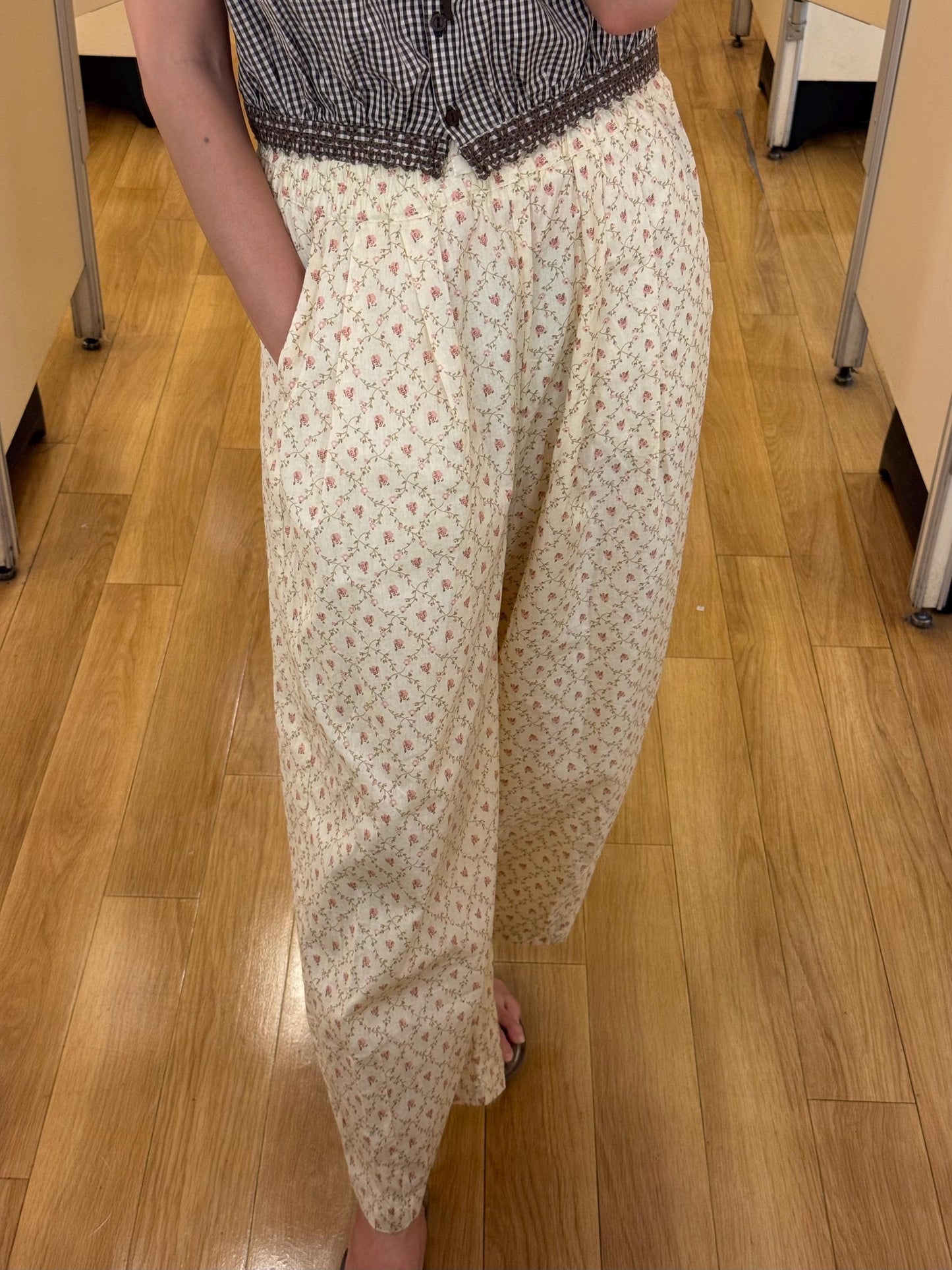 Floral Print Cotton Pull on Pants. Lemon Butter Yellow Pull on Pants. Whimsical Print Pull on Pants