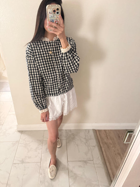 Gingham Cotton Top. French inspired Vintage Style top. Victorian boho top. Whimsical cottage core style top. Natural Fiber top