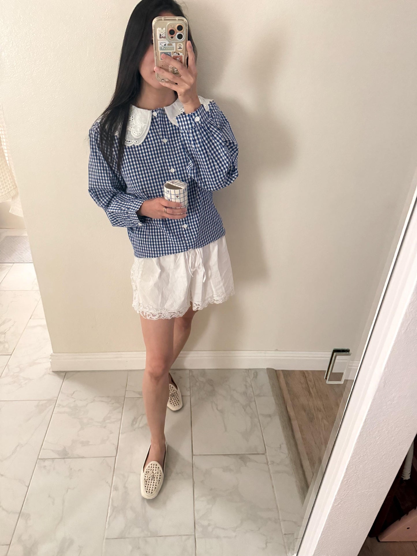 Blue Gingham Cotton Top. French inspired Vintage Style top. Victorian Whimsy Cottage core top. Bohemian style top. Romantic top