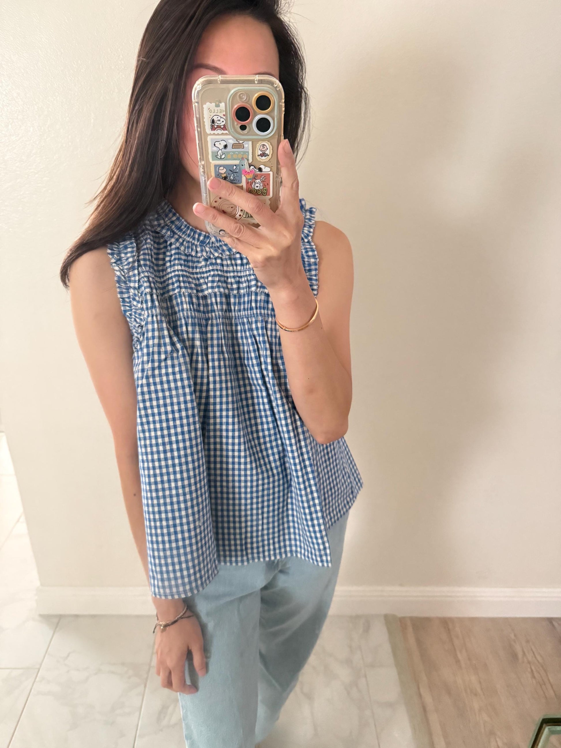 Blue Gingham Cotton Pintuck Top. French inspired Whimsical Cottagecore Vintage Style top. Victorian boho top. Bohemian style top.
