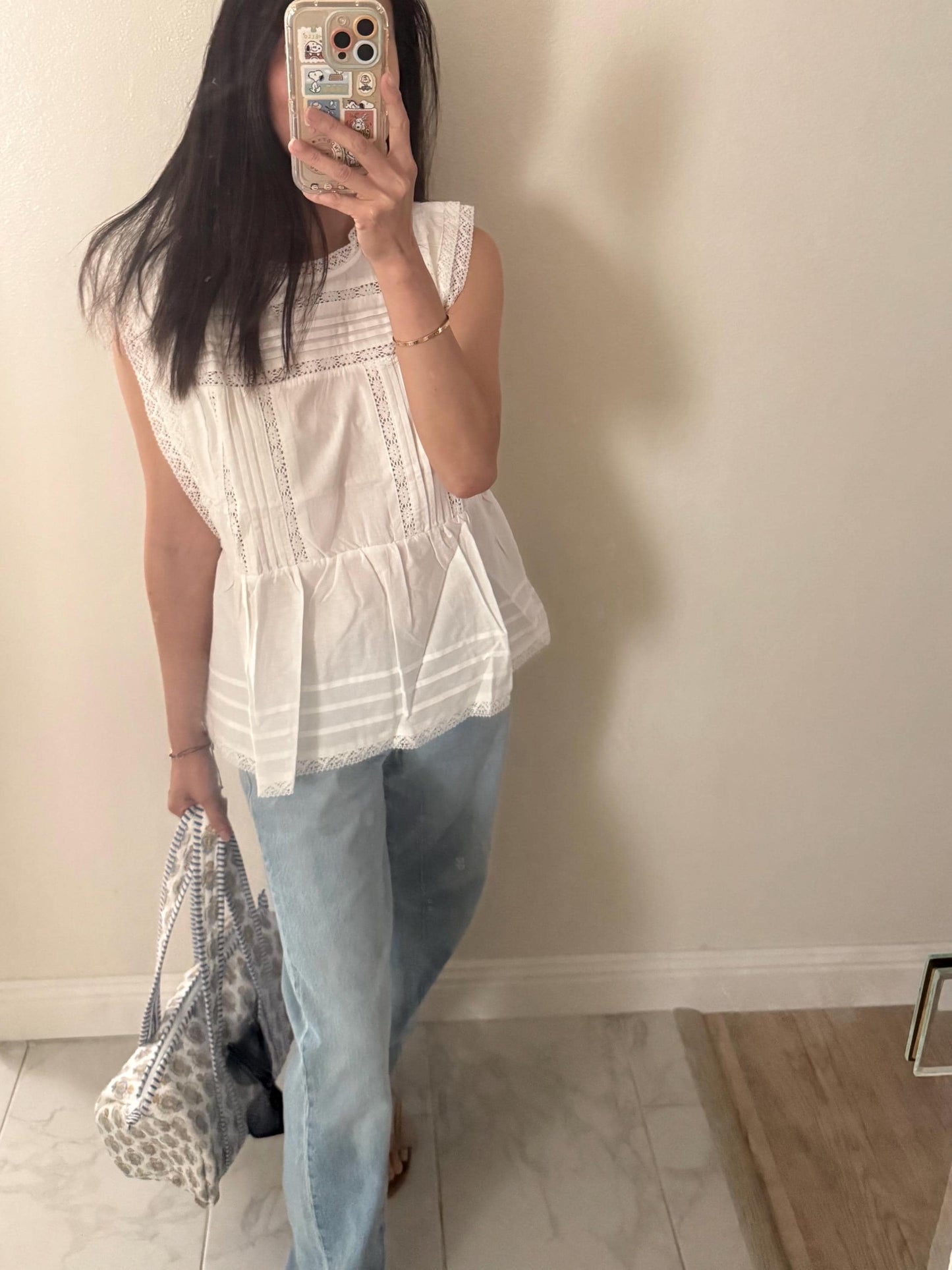Casual cotton pintuck eyelet romantic top . Whimsical cottage core top. Bohemian cotton vest . Summer cotton lace top