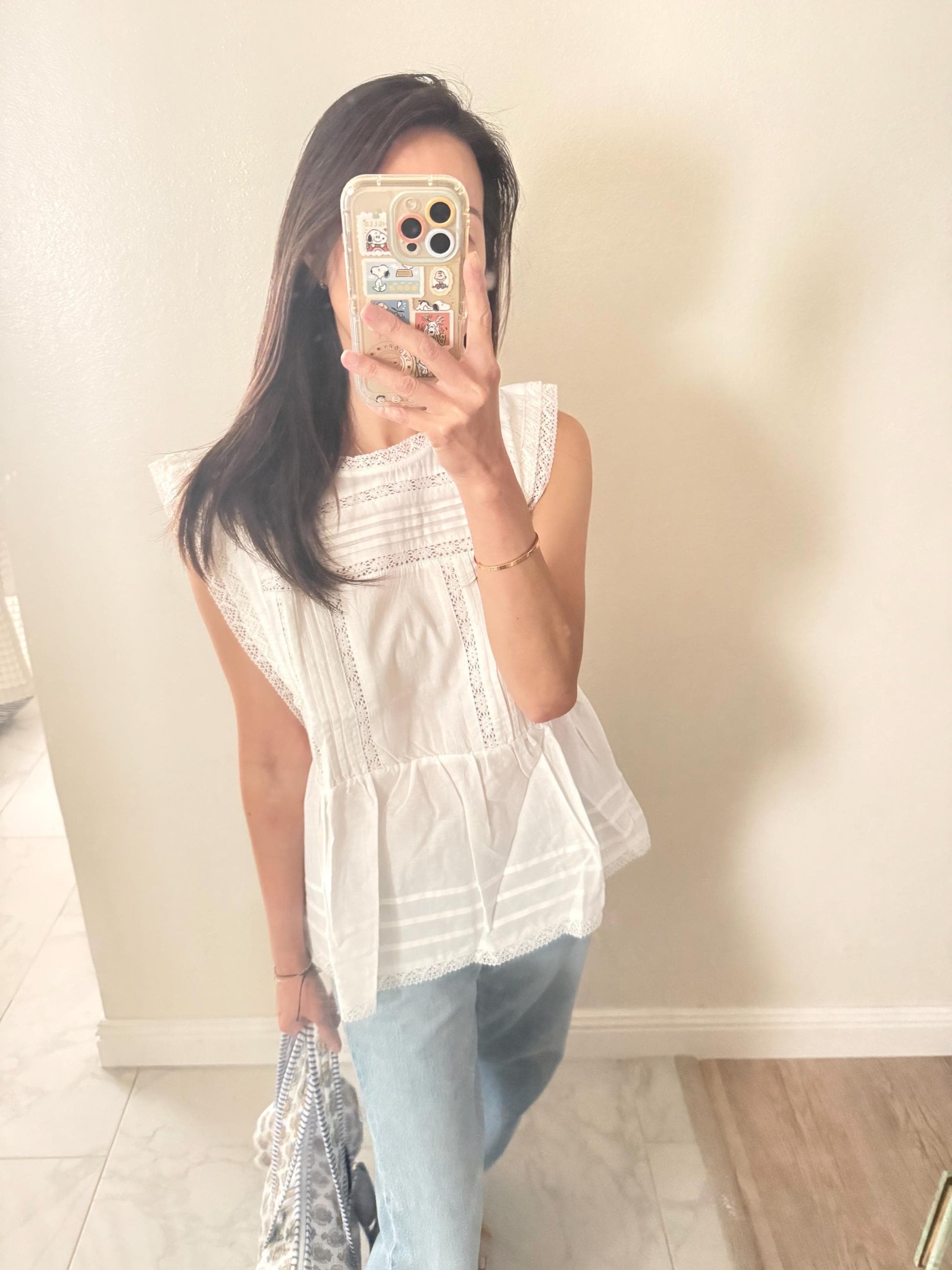 Casual cotton pintuck eyelet romantic top . Whimsical cottage core top. Bohemian cotton vest . Summer cotton lace top