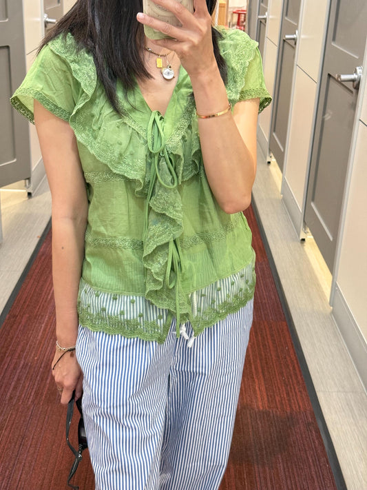 Casual cotton pintuck lace eyelet romantic top . Whimsical cottage core top. Bohemian cotton vest . Matcha Green Avocado lace top
