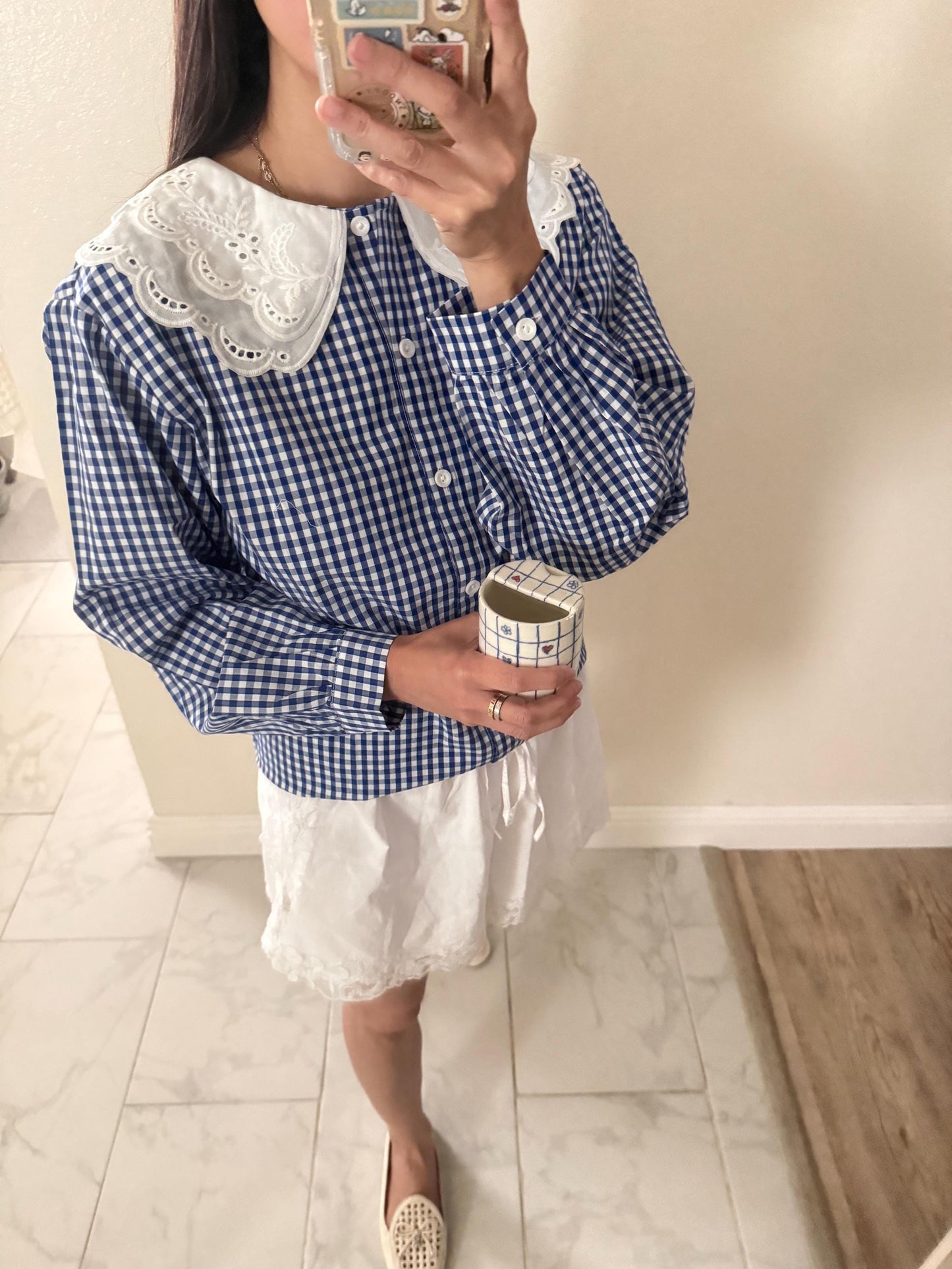 Blue Gingham Cotton Top. French inspired Vintage Style top. Victorian Whimsy Cottage core top. Bohemian style top. Romantic top