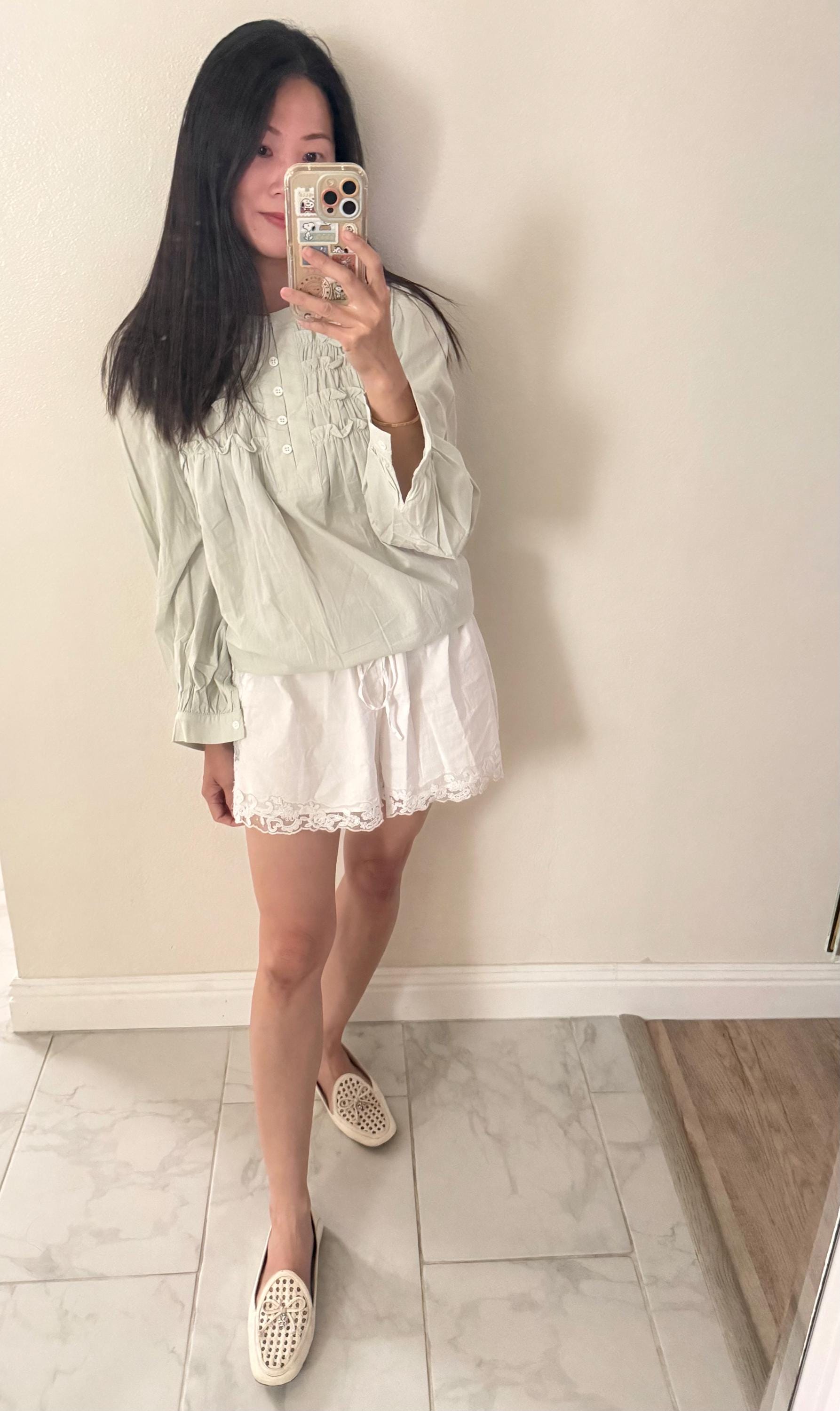 Green Sage Chartreuse color Cotton Shirt Blouse Top. Boho Style Top. French Vintage Inspired Whimsical Style Blouse. Cottage core Shirt.