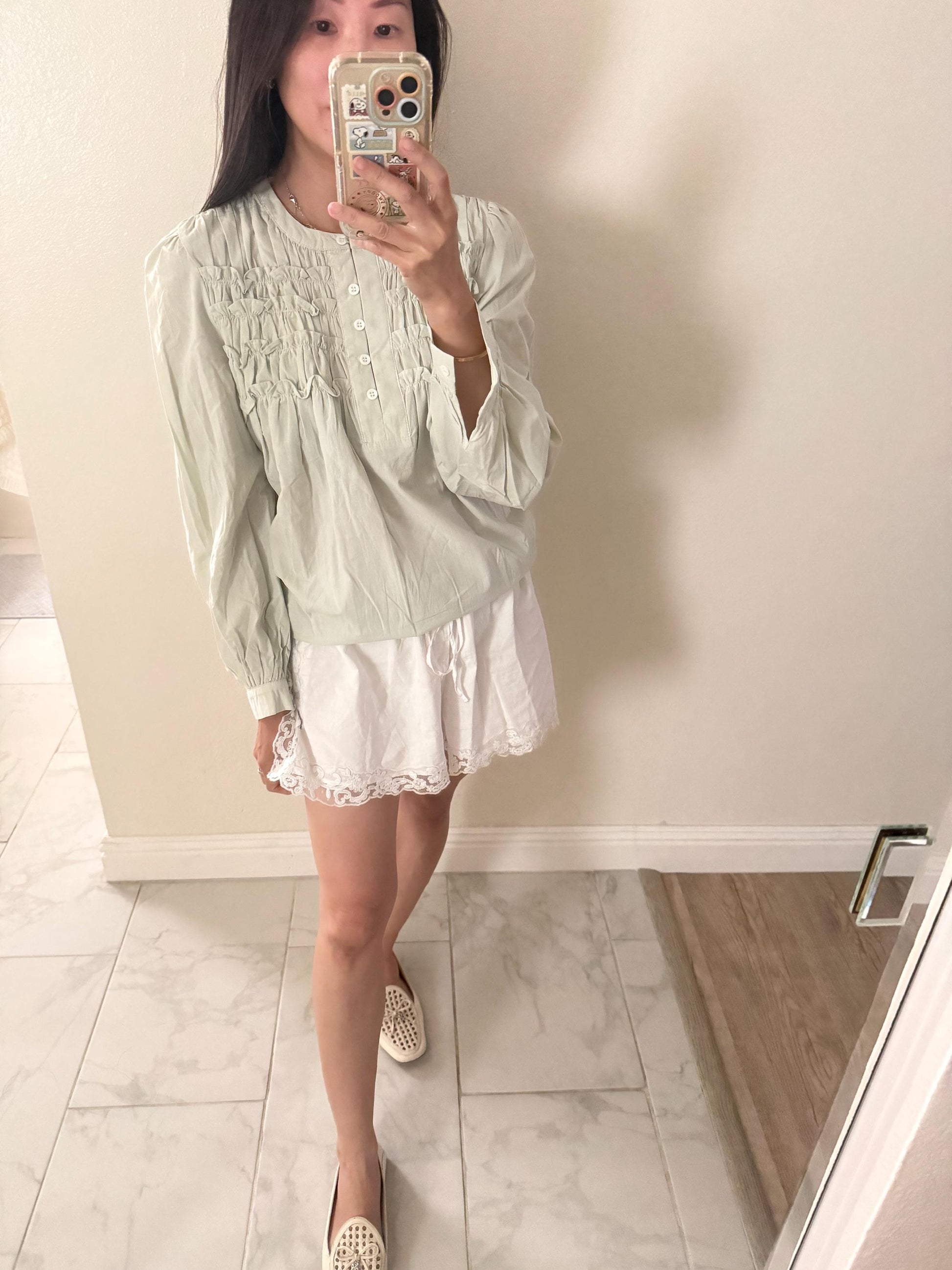 Green Sage Chartreuse color Cotton Shirt Blouse Top. Boho Style Top. French Vintage Inspired Whimsical Style Blouse. Cottage core Shirt.