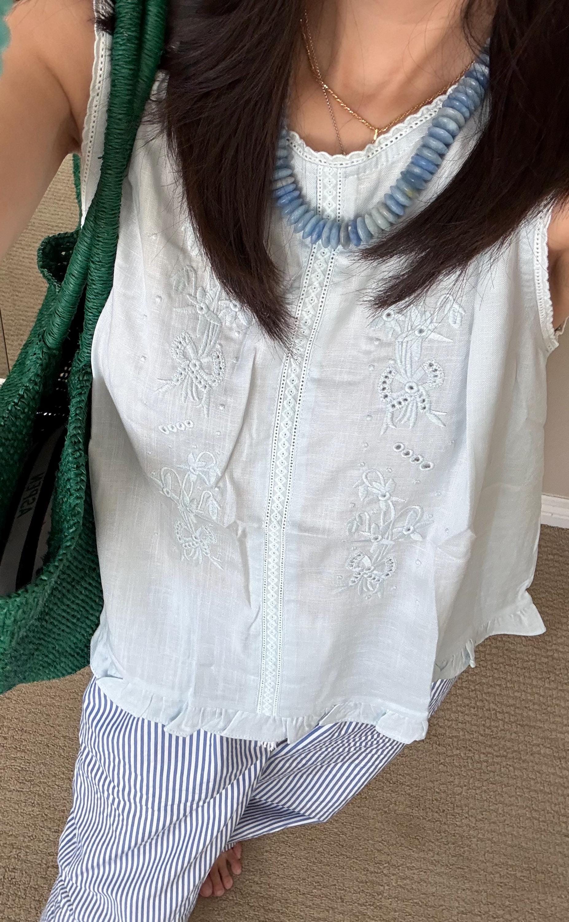 Casual cotton pintuck eyelet romantic top . Whimsical cottage core top. Bohemian cotton vest . Summer cotton lace top. Embroidered top