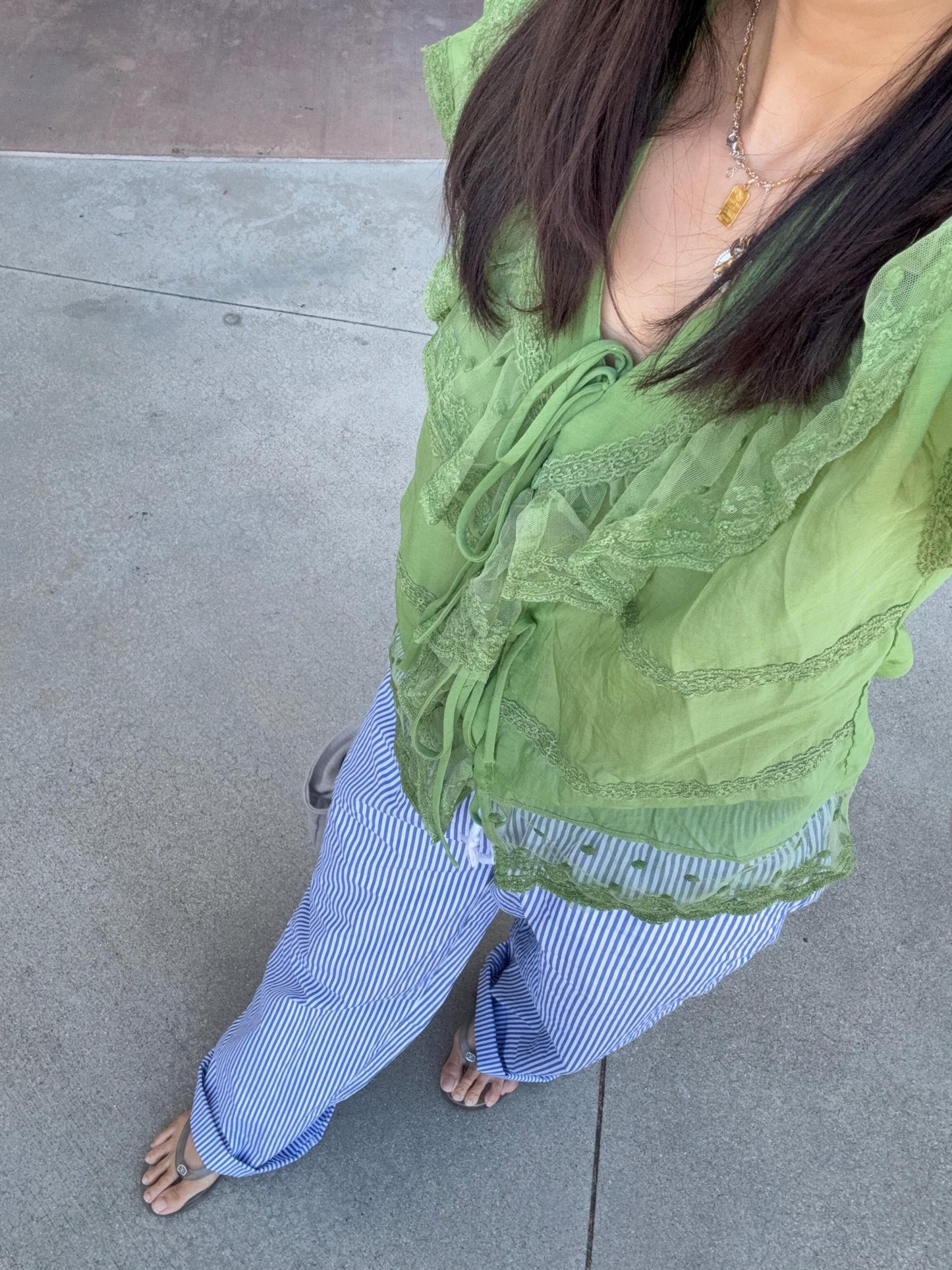 Casual cotton pintuck lace eyelet romantic top . Whimsical cottage core top. Bohemian cotton vest . Matcha Green Avocado lace top