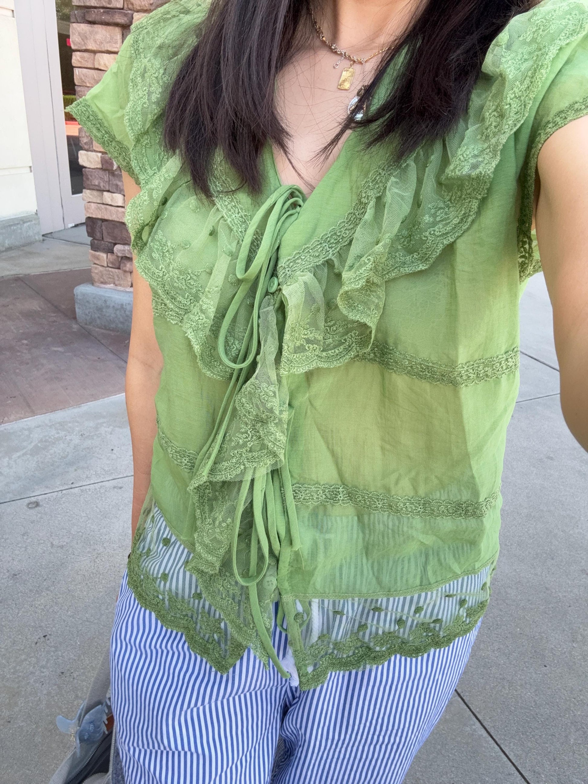 Casual cotton pintuck lace eyelet romantic top . Whimsical cottage core top. Bohemian cotton vest . Matcha Green Avocado lace top