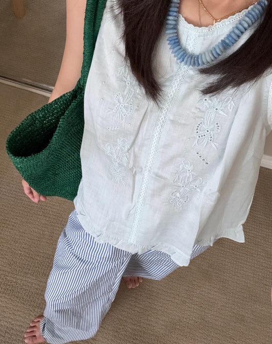 Casual cotton pintuck eyelet romantic top . Whimsical cottage core top. Bohemian cotton vest . Praire wind lace top. Embroidered top