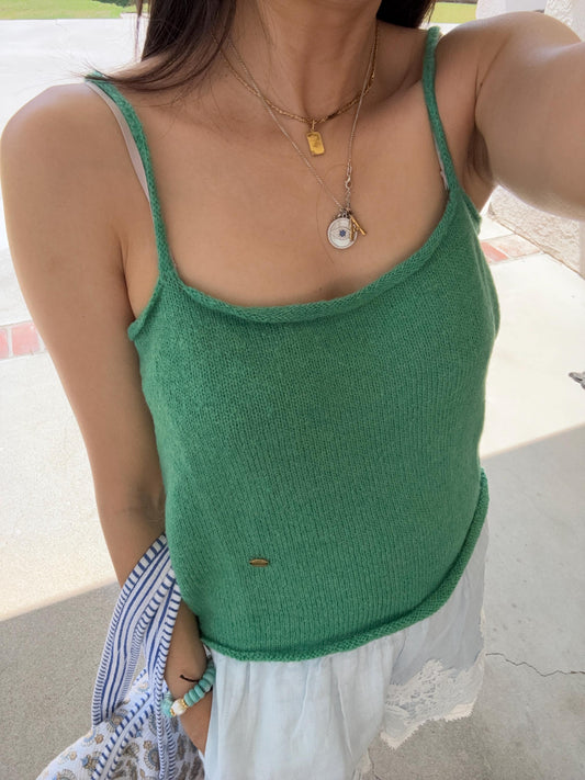 Casual summer knit tank . Whimsical cottage knit top. Bohemian cotton knit tank. Matcha avocado green tank top