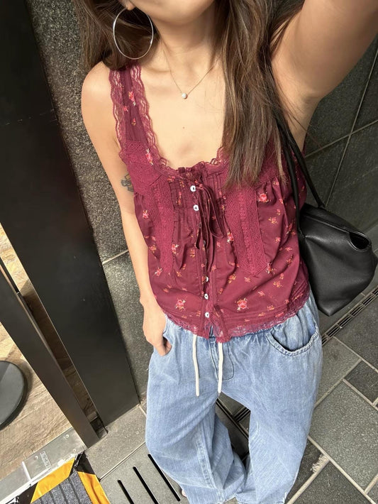 Casual cotton pintuck eyelet romantic top . Whimsical cottage core tank top. Bohemian cotton cami top . Maroon Red cotton lace top
